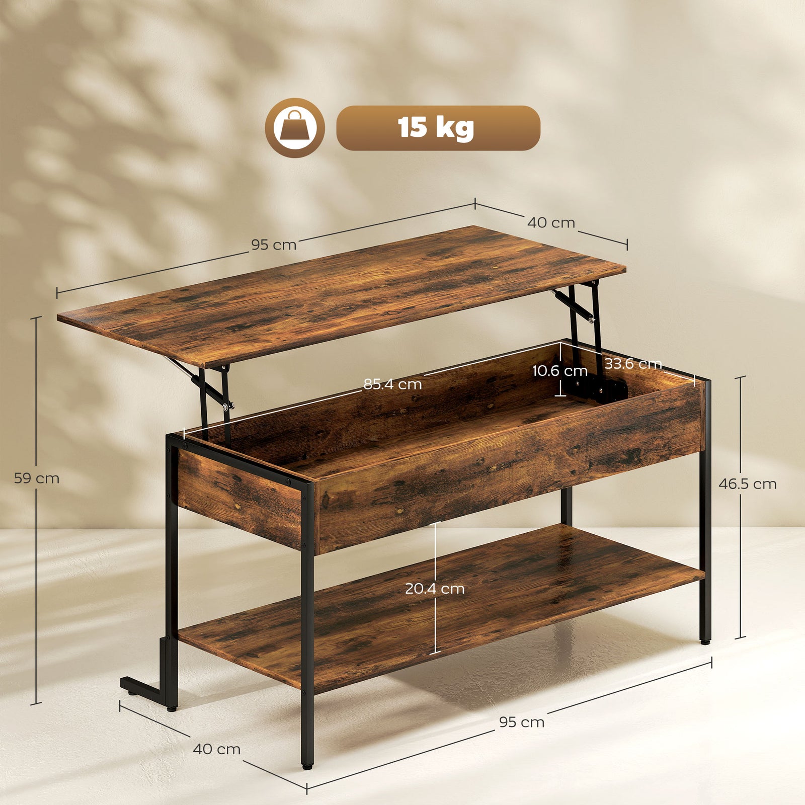 HOMCOM Industrial Lift Top Coffee Table With Storage Shelf Rustic Brown