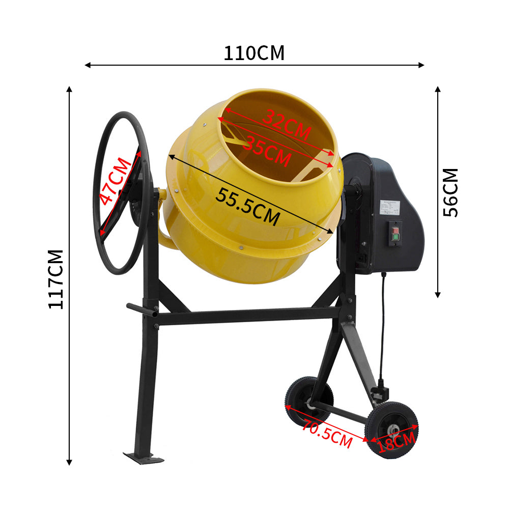 Electric Portable Cement Concrete Mixer With Wheels | 120l | Yellow