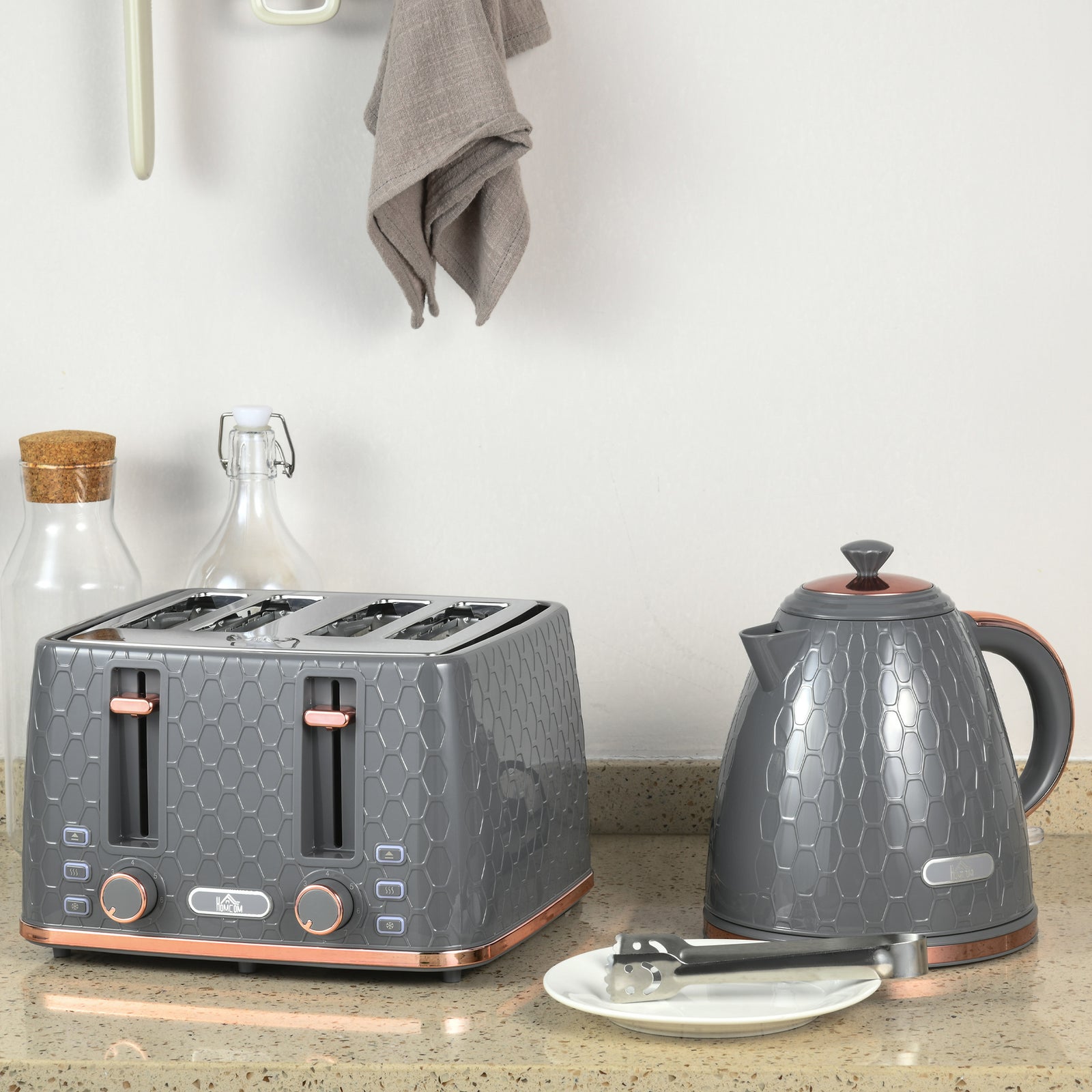 1.7l Kettle and 4 Slice Toaster Set With Defrost Reheat | Large | Grey