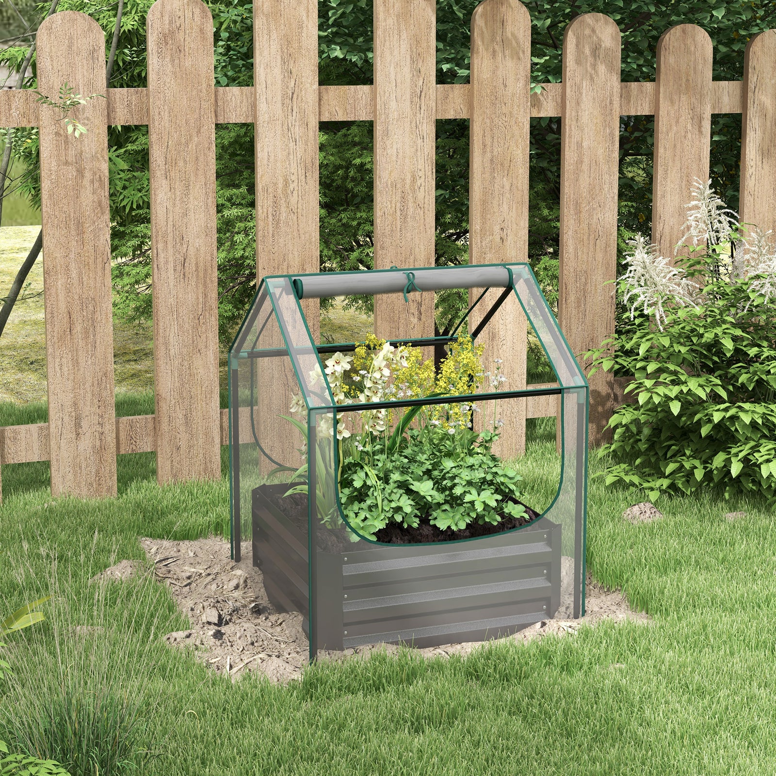 Raised Garden Bed W/ Greenhouse & Cover - Clear/Dark Grey