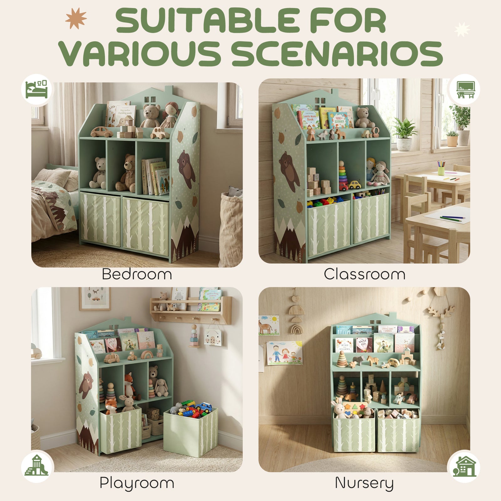 Kids Bookshelf With Storage, Toy Storage Unit For Playroom | Green