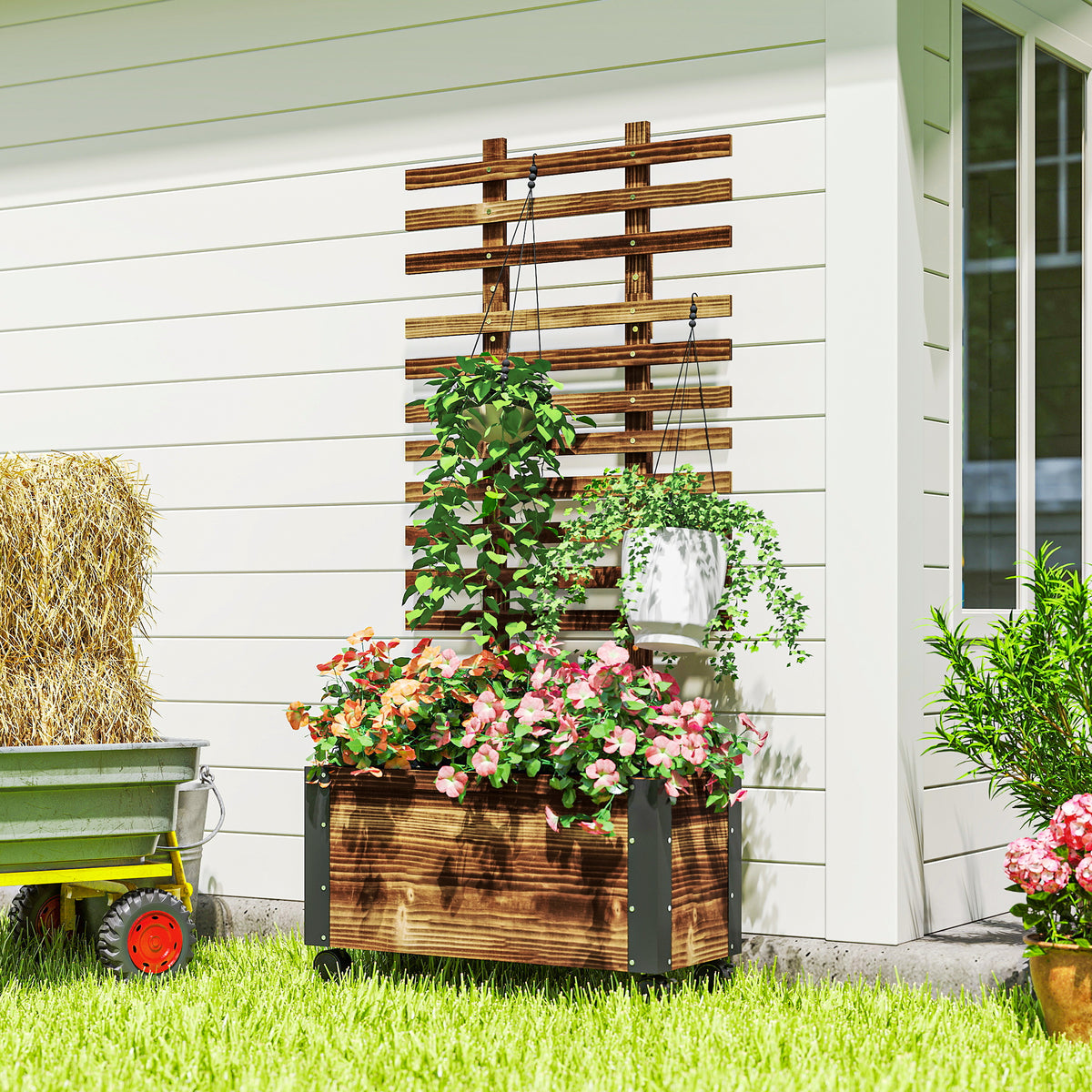 Outsunny Raised Garden Bed, Wooden Planter With Trellis And Wheels