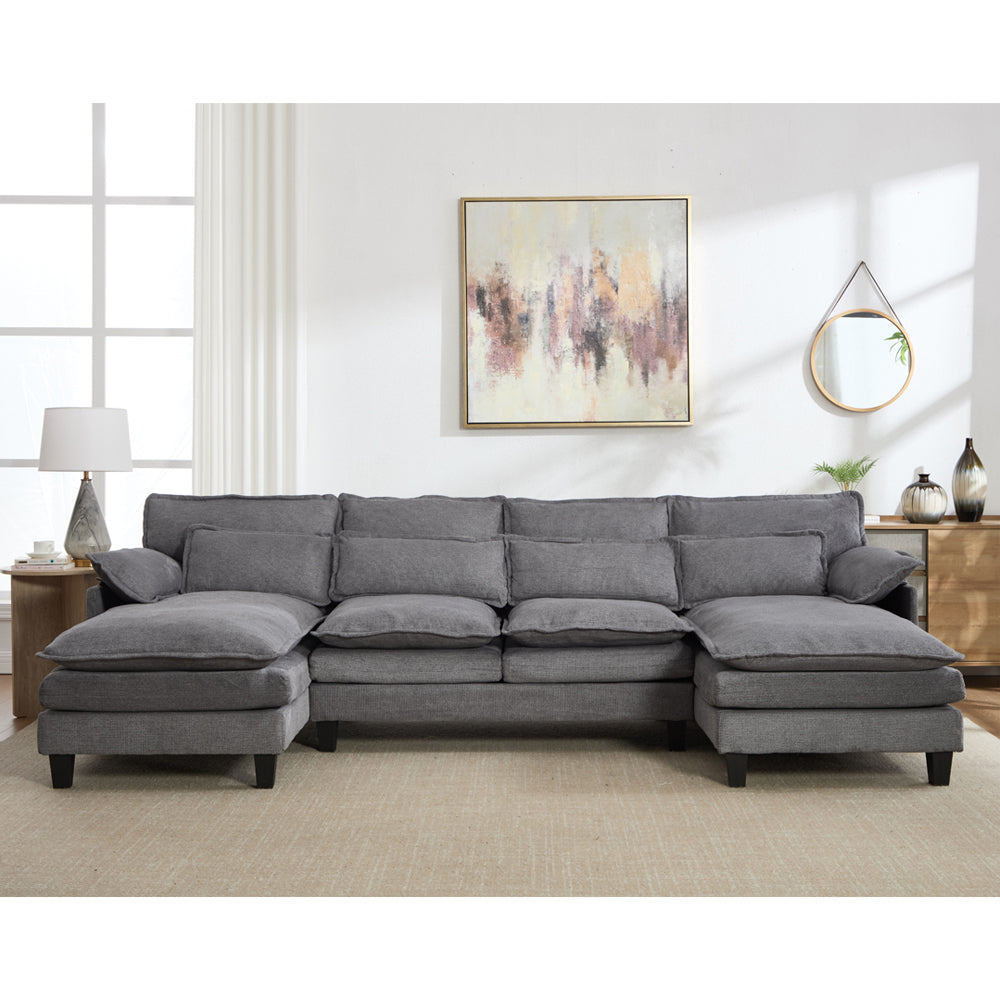 U-shaped Textured Breathable Chenille Sectional Sofa With Dual Chaise – Modular Living Room Couch With Lumbar Cushions | Grey