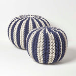 Navy And White Knitted Pouffe Striped Footstool | 50cm x 35cm | Blue & White