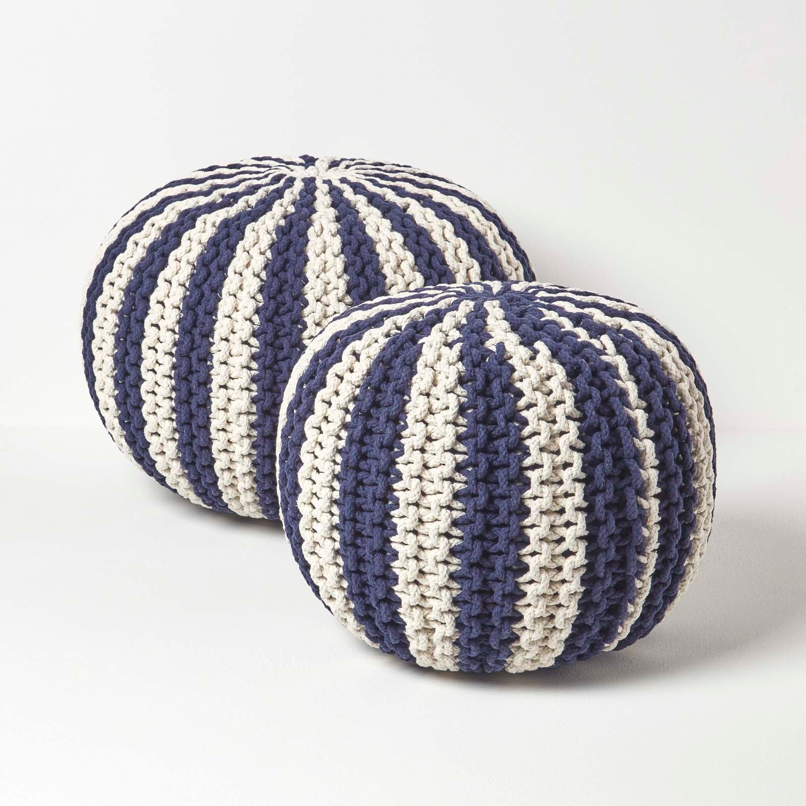 Navy And White Knitted Pouffe Striped Footstool | 50cm x 35cm | Blue & White