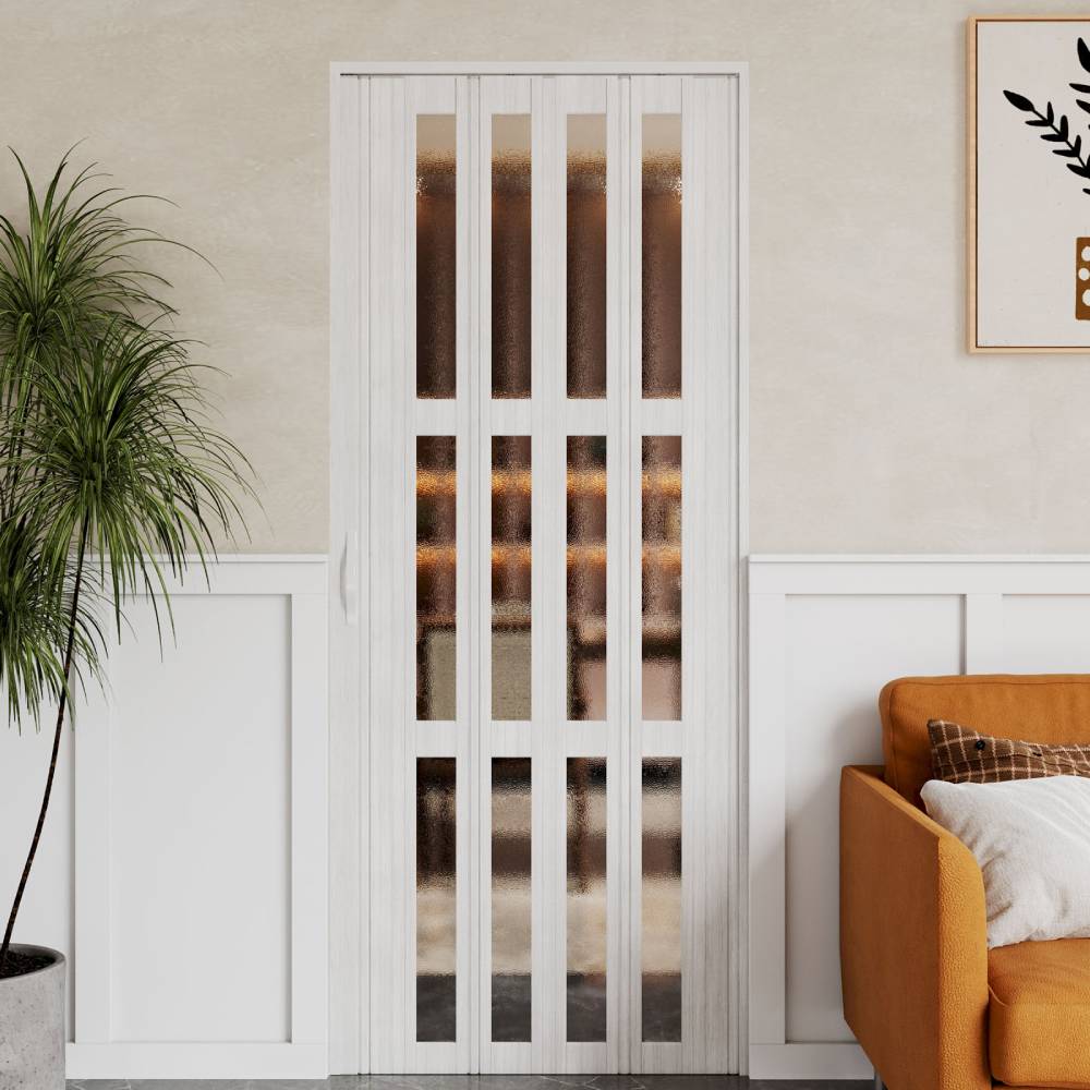 84.5cm W X 203cm H White Matte Wood Grain Folding Door With Glass Panels