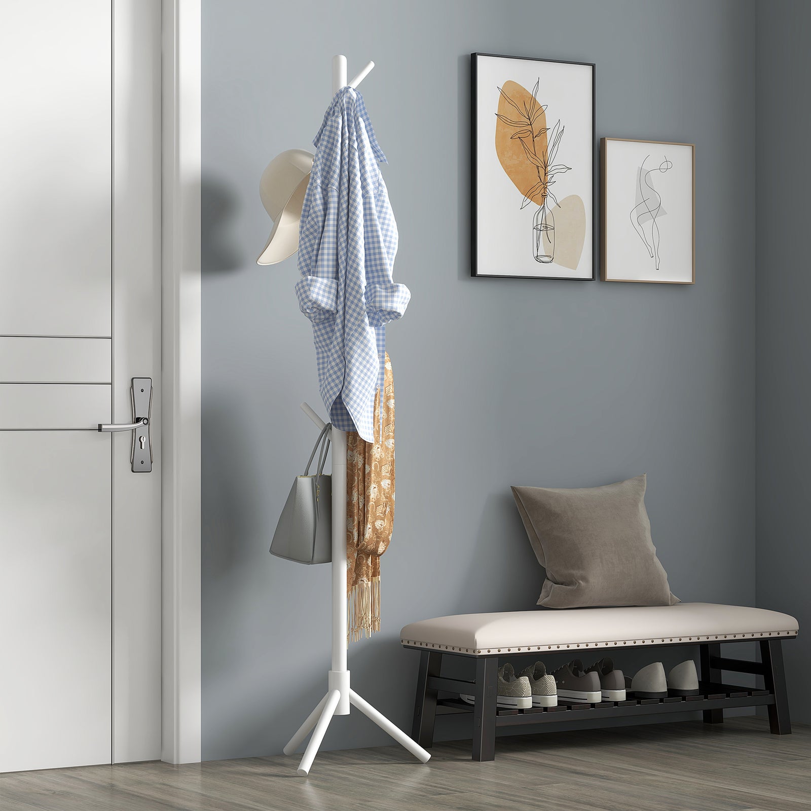 Coat Rack Bamboo Coat Stand With 8 Hooks For Handbags | One Size | White