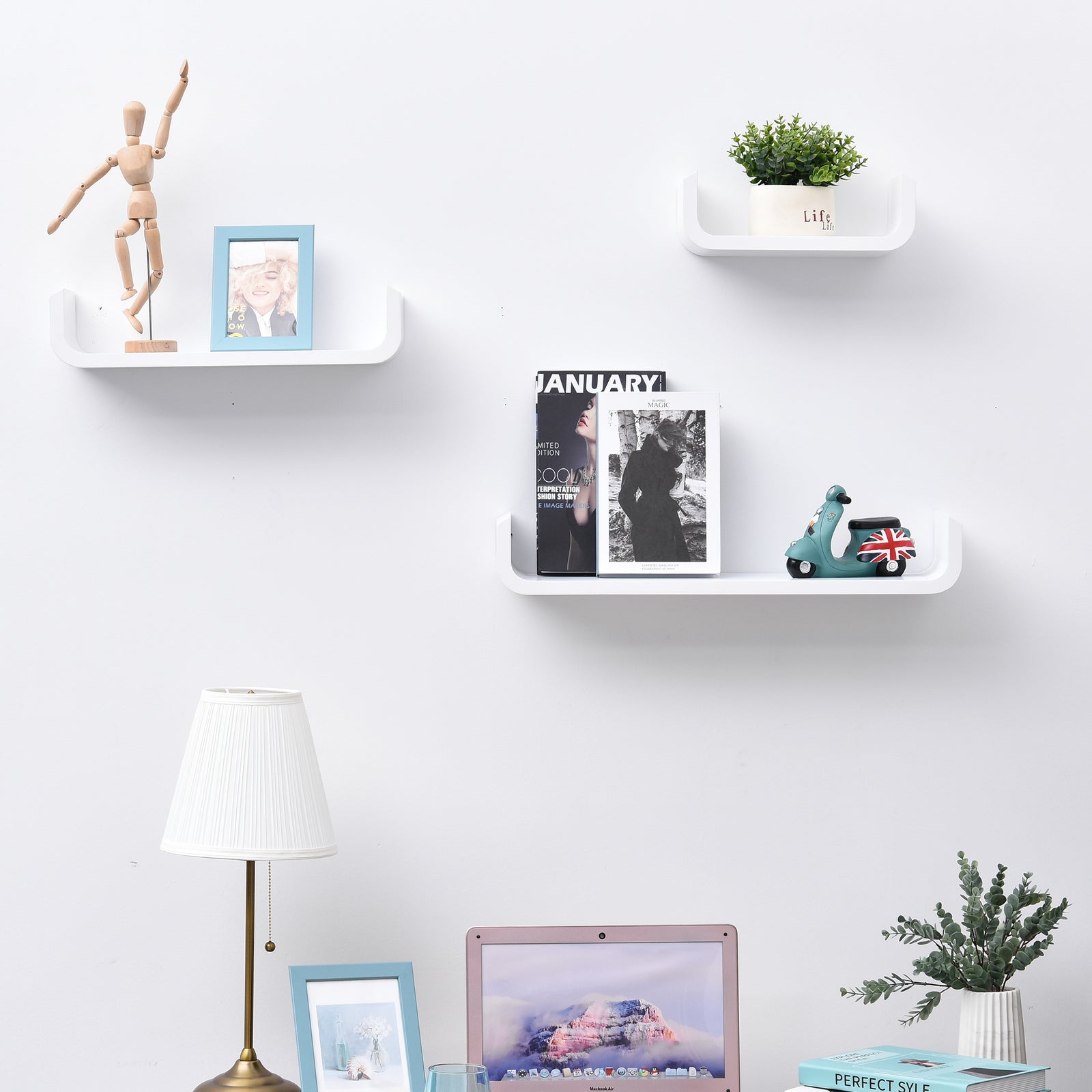 U Shaped Shelf Set Floating Wall Mounted Hanging 3pc Display