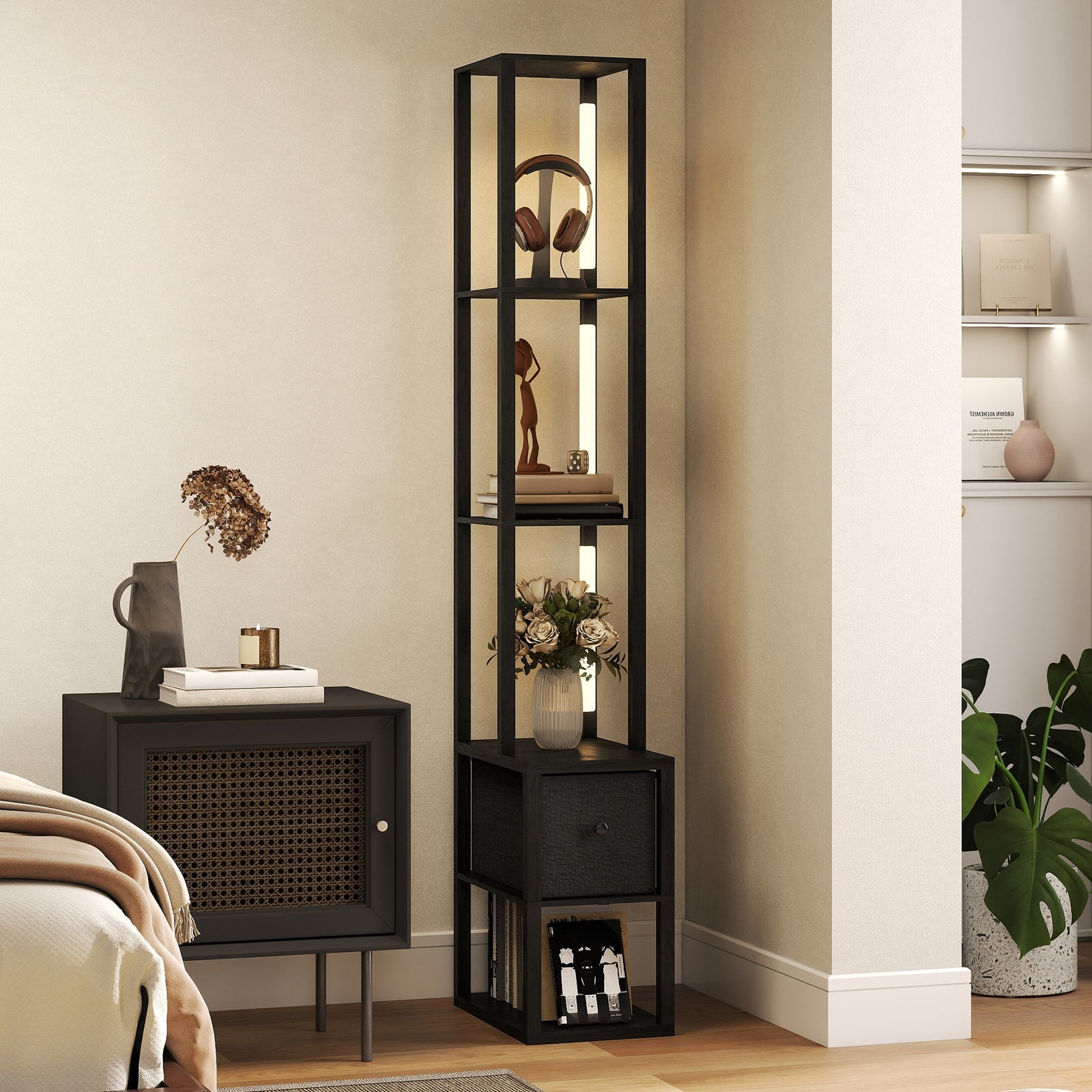 Floor Lamp With Shelves, Led Standing Lamp With Fabric Drawer | Black