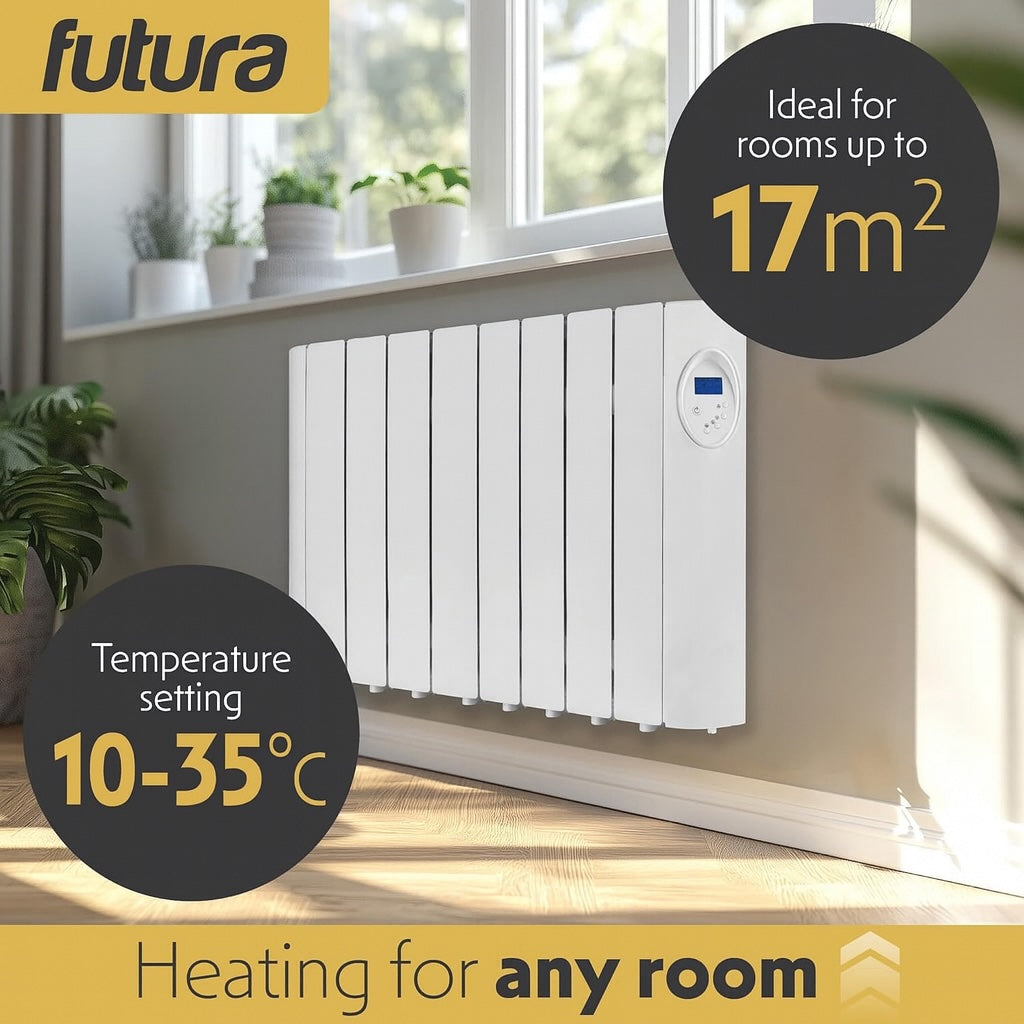 Electric Panel Heater Oil Filled Radiator Day Timer Wall Mounted Low Energy Retention Digital Thermostat Convector | 1500w | White