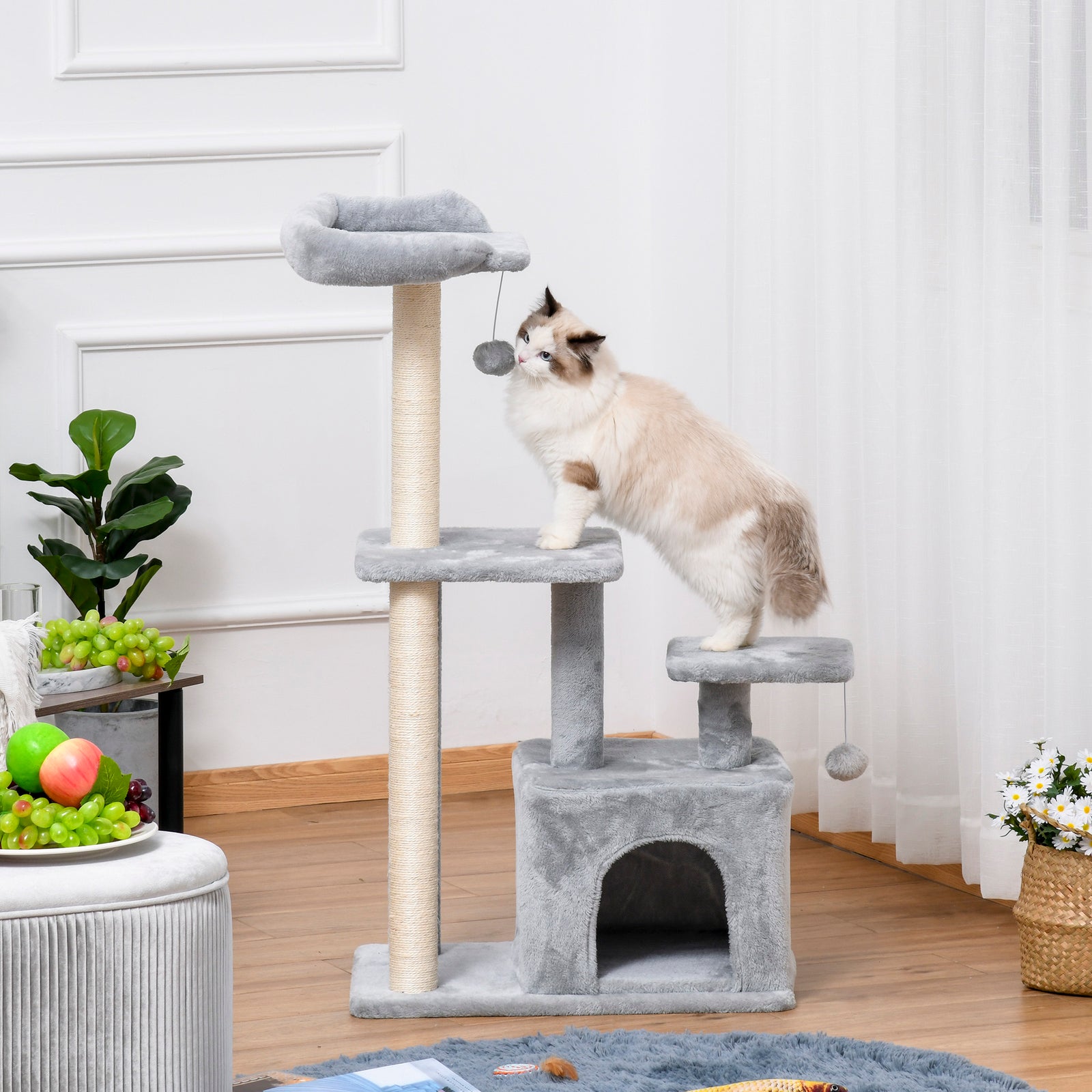 Cat Tree Activity Center W/ Scratching Post Sisal Hanging Ball Light Grey