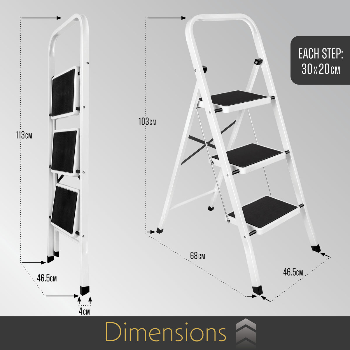 3 Step Ladder, Heavy-duty Steel Folding Home Diy Step Stool With Wide Non-slip Steps & Anti Slip Feet 150kg Capacity | 3 Step | White
