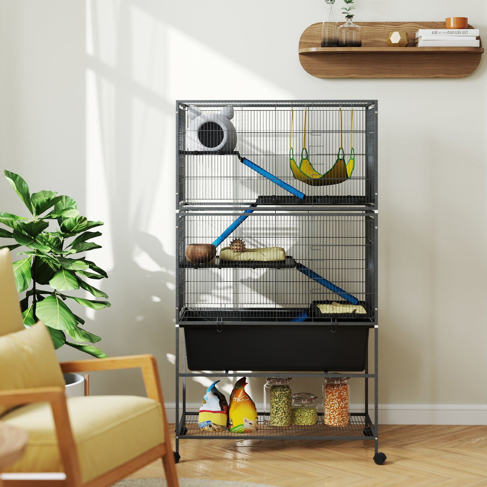 5 Levels Small Animal Cage, Rolling Ferret Cage With Deep Tray, Non-slip Ramps