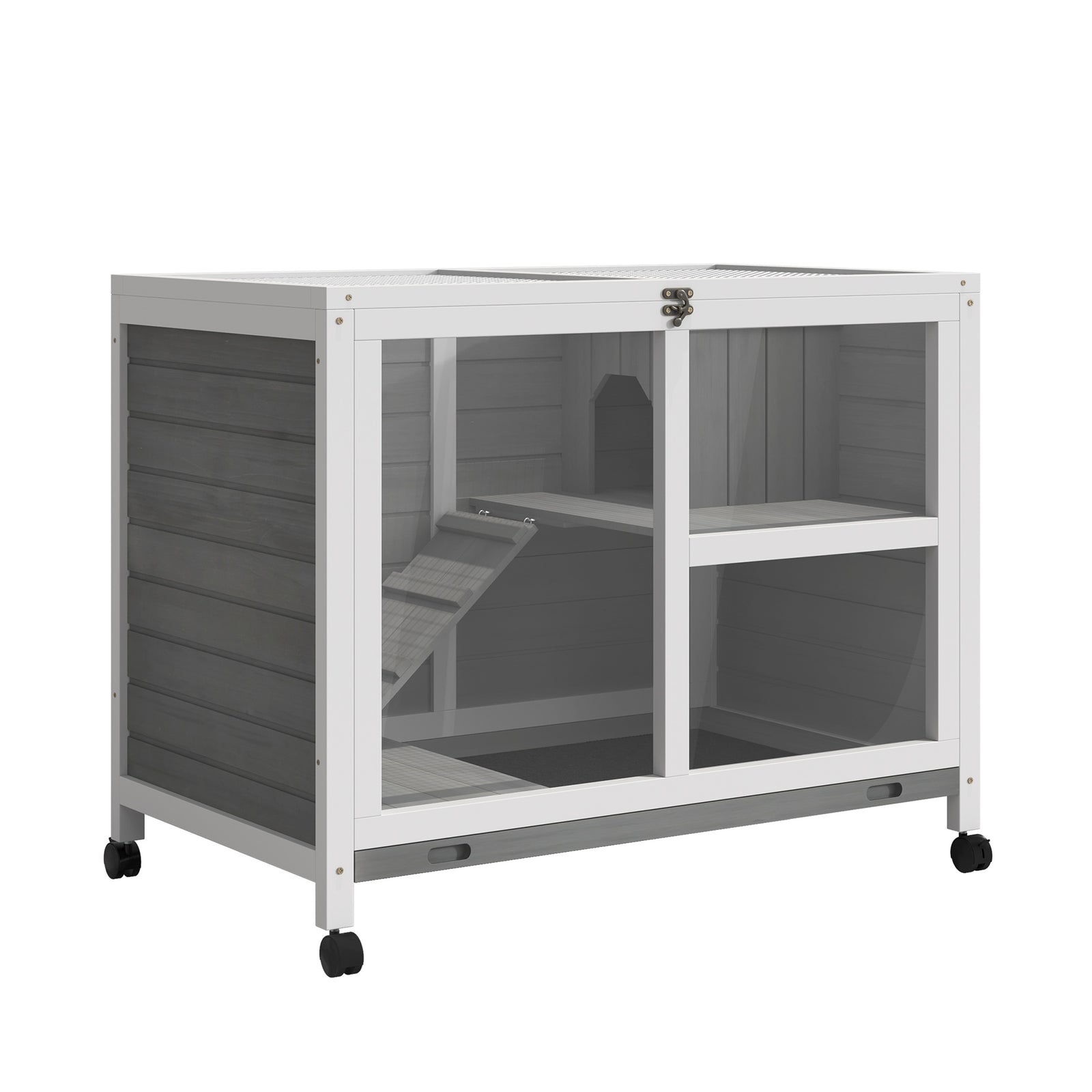 Wood Rabbit Hutch Bunny Cage Pet House Indoor W/ Tray Ramp | Gray