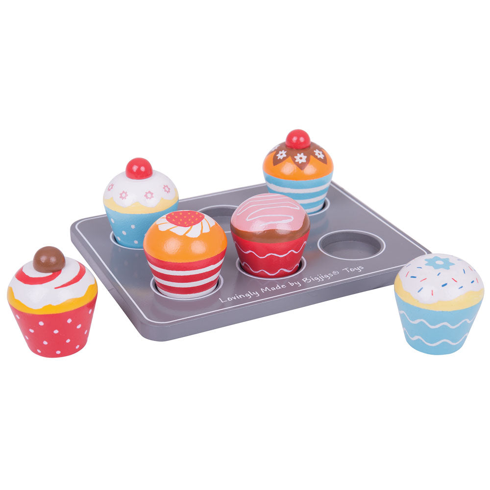 Tray Of 6 Wooden Muffins, Pretend Play Toys