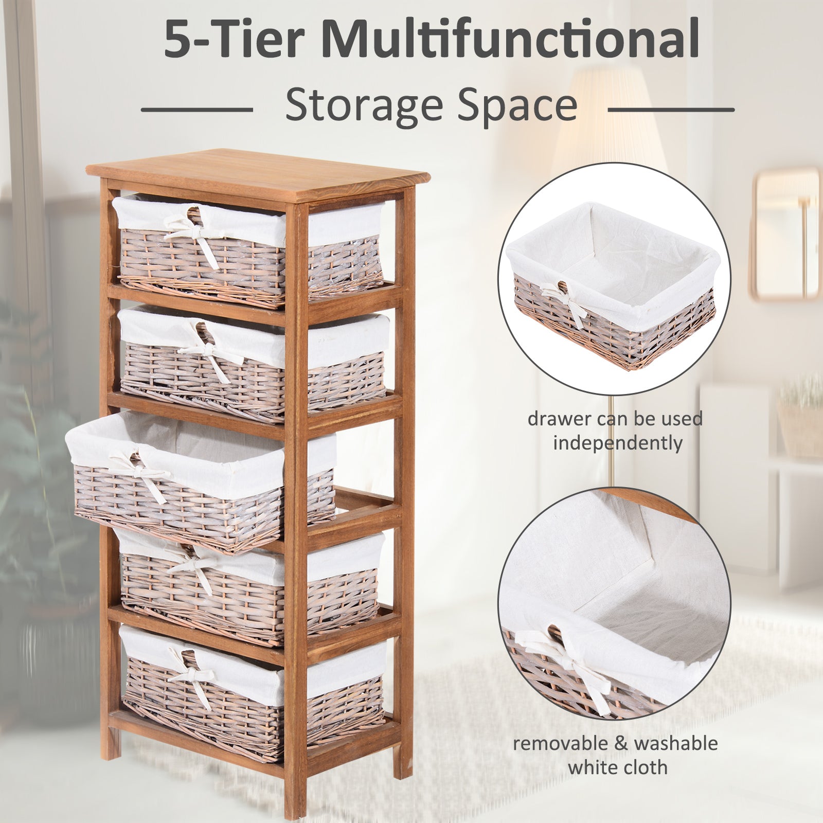 5 Drawer Wicker Basket Storage Shelf Unit Wooden