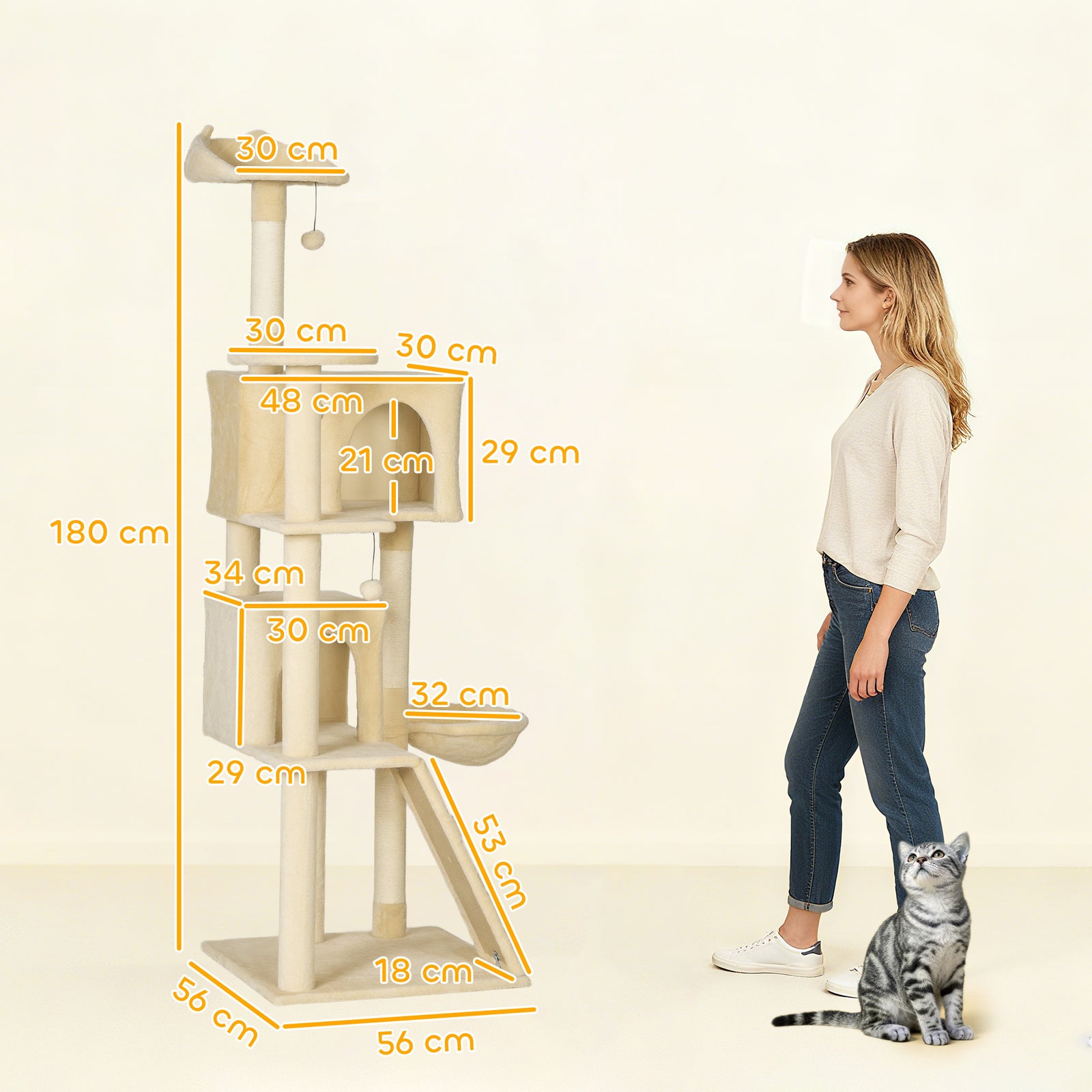 Cat Tree Tower With Sisal Scratching Posts, Condos | 180cm | Beige