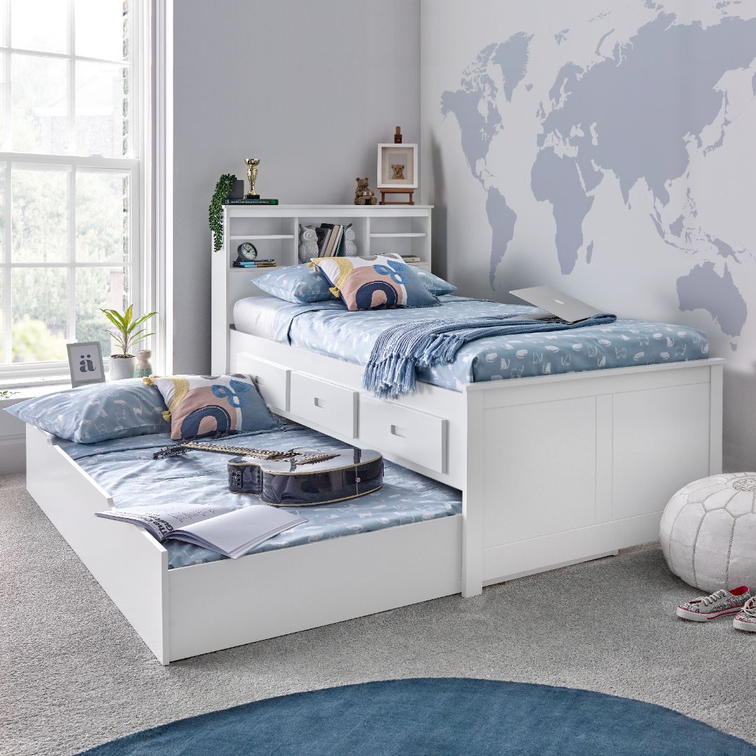 Veera Guest Bed With Drawers And Trundle With Memory Foam Mattresses | Single | White
