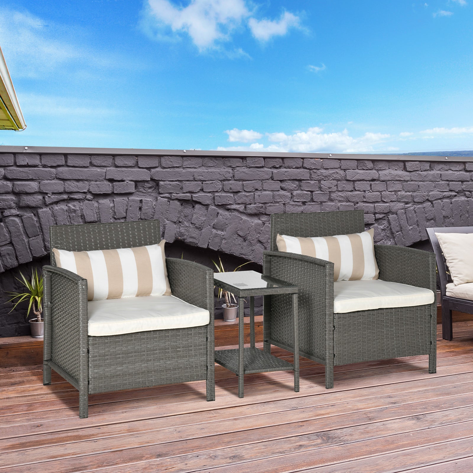 3 Pc Outdoor Rattan Sofa Set W/ Chairs Coffee Table Cushion | Light Slate Gray