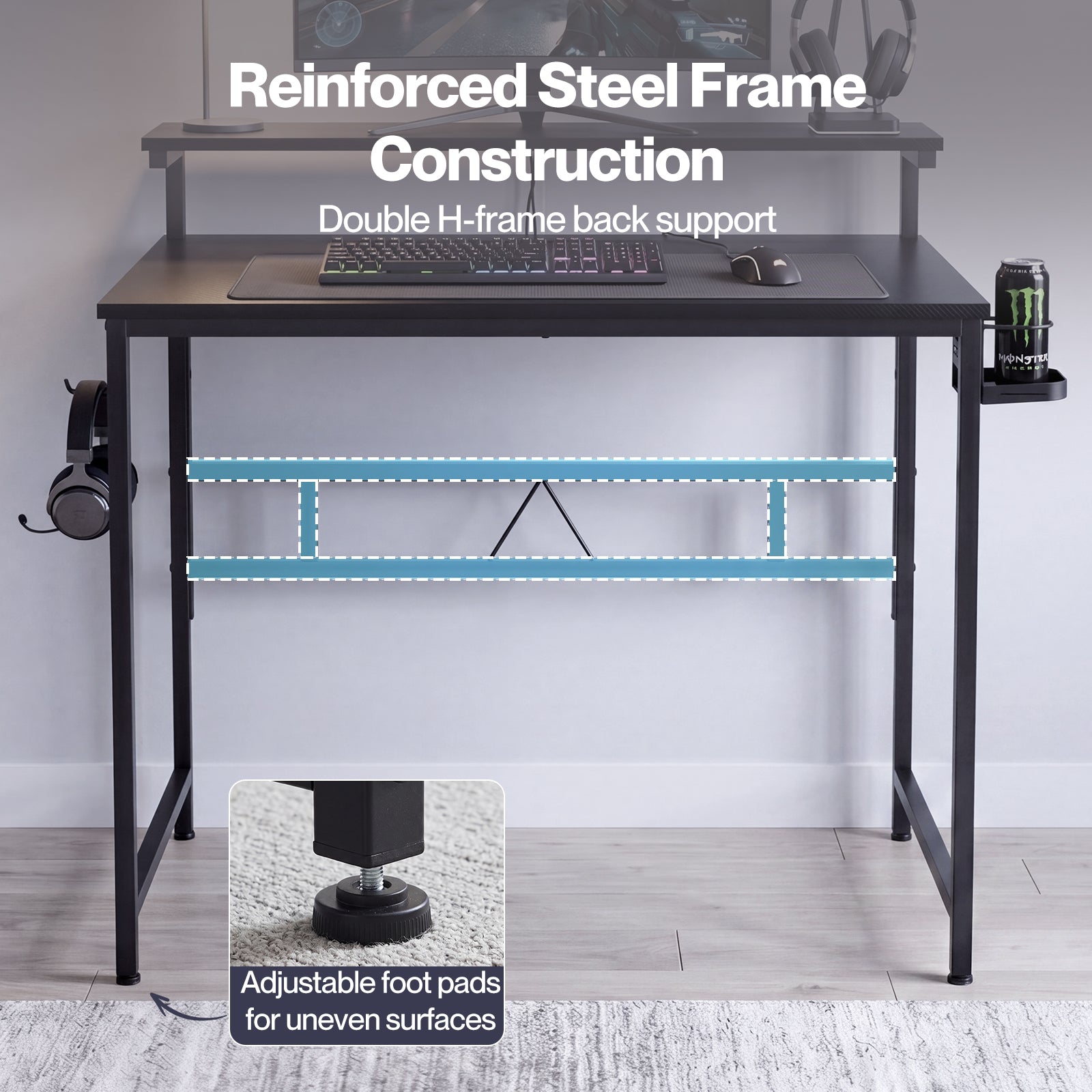 Compact Gaming Desk Pc Computer Table With Adjustable Monitor Shelf | Black
