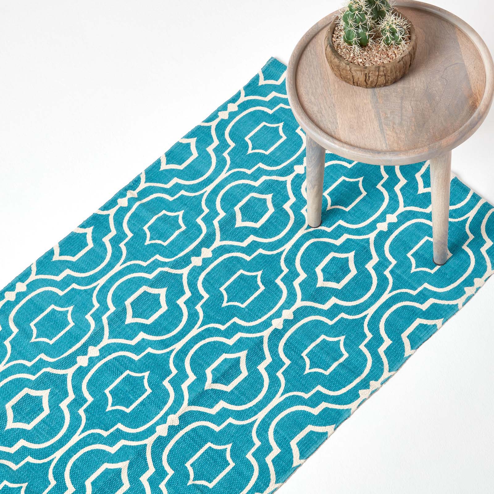 Riga 100% Cotton Printed Patterned Rug Hall Runner, 66 X 200 Cm | 200cm | Teal