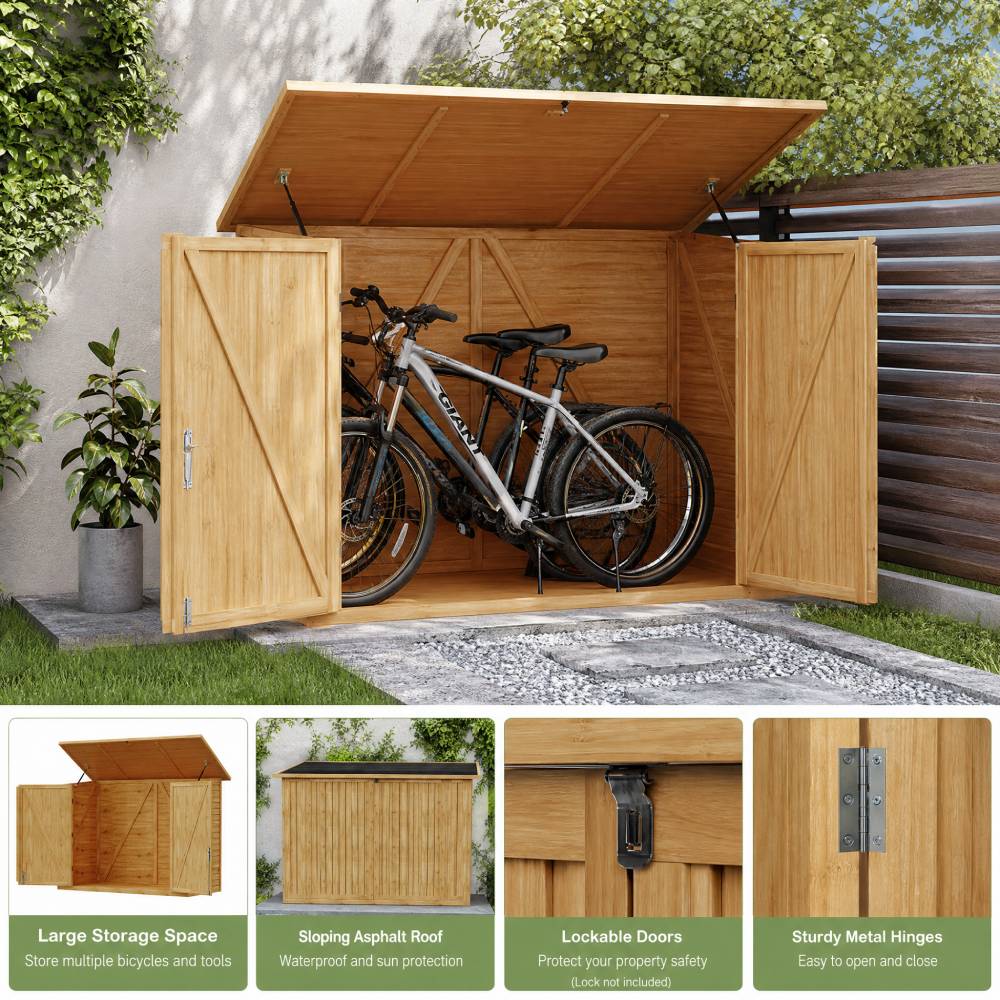 Outdoor Fir Wood Bicycle & Garden Shed – Sloped Asphalt Roof, Lockable Door, Natural Wood, Floor Included | Medium | Natural