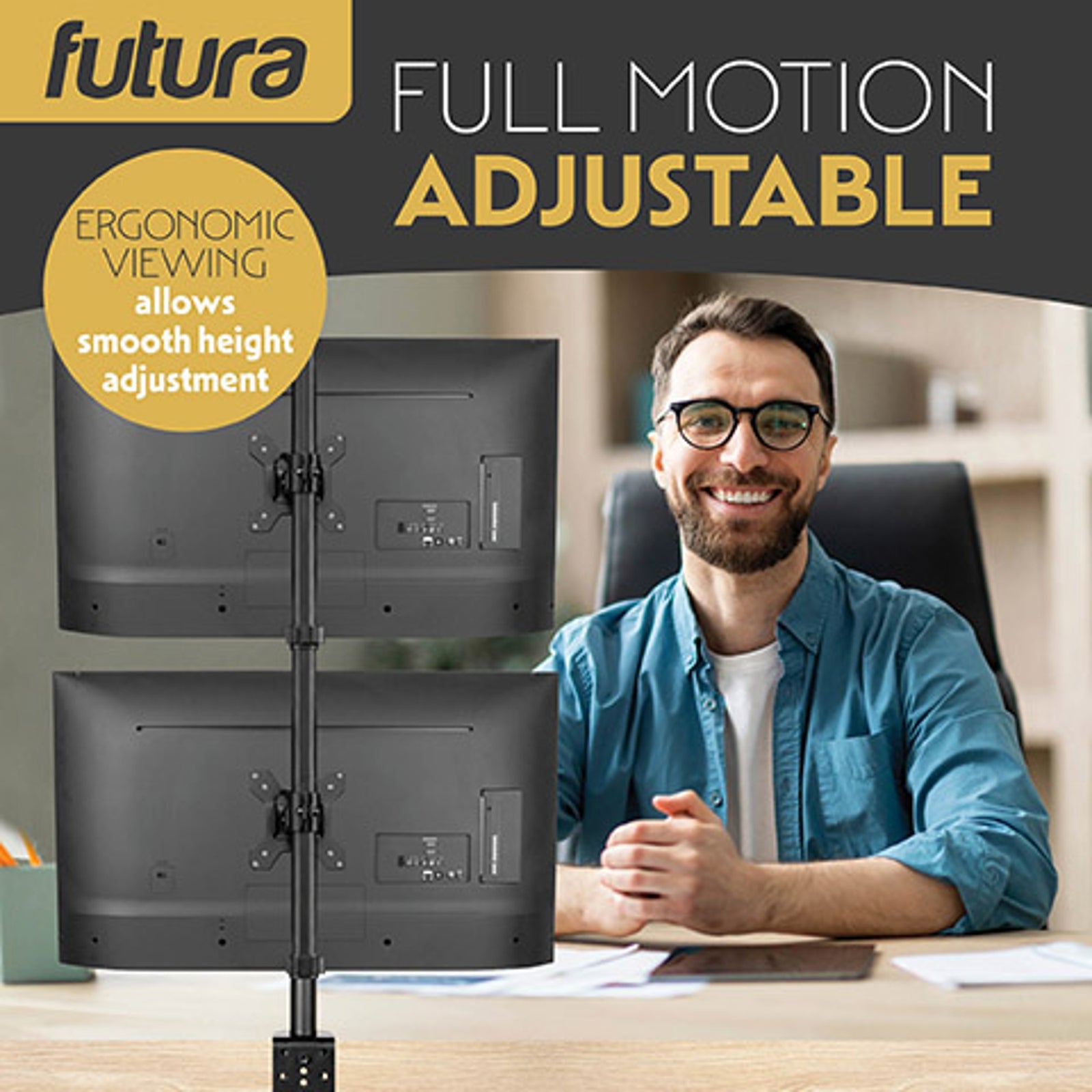 Futura Futura Dual Vertical Monitor Stand 13 To 32 Inch Height Adjustable Clamp Mount Supports 8kg Each
