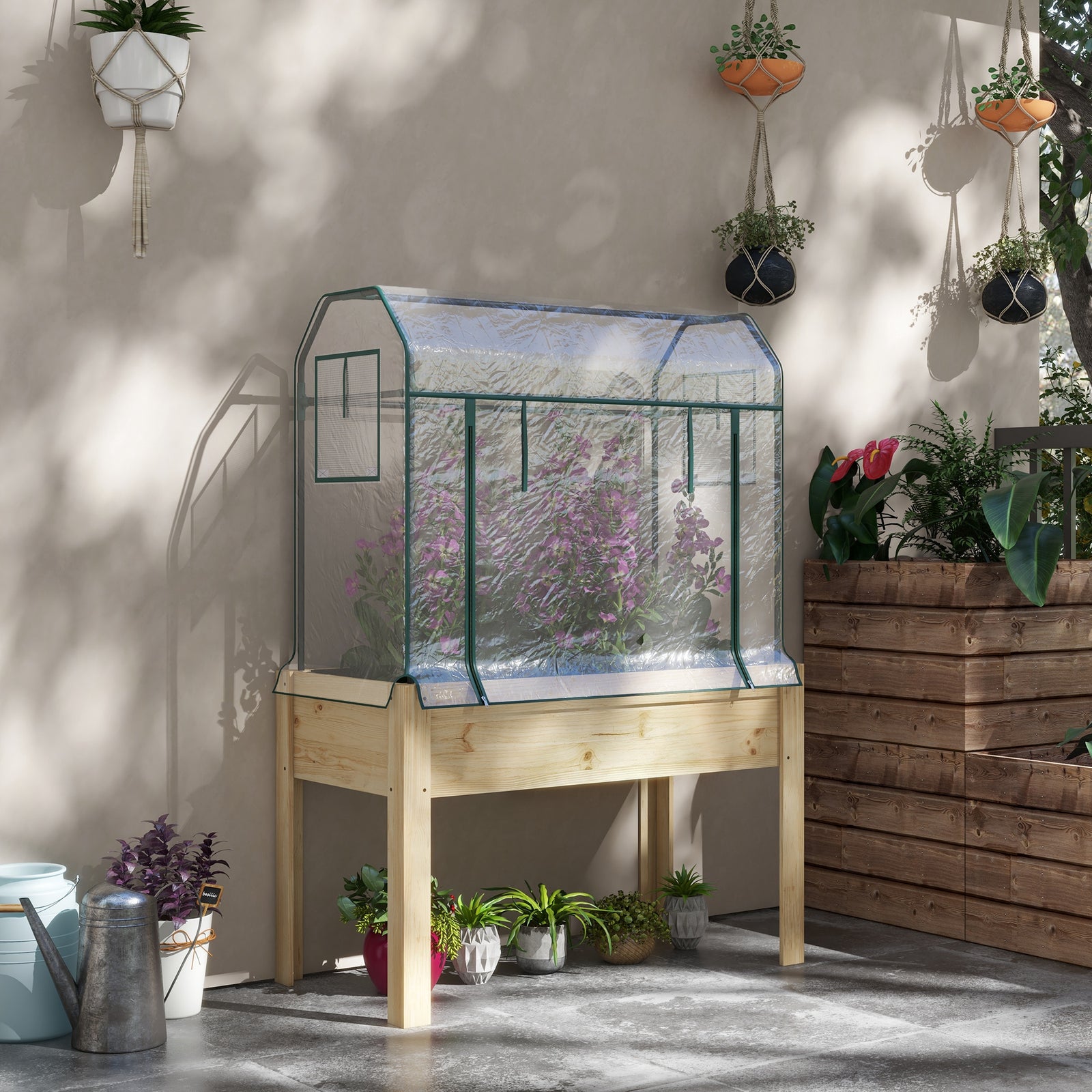 Wood Planter With Greenhouse Cover & Bed Liner