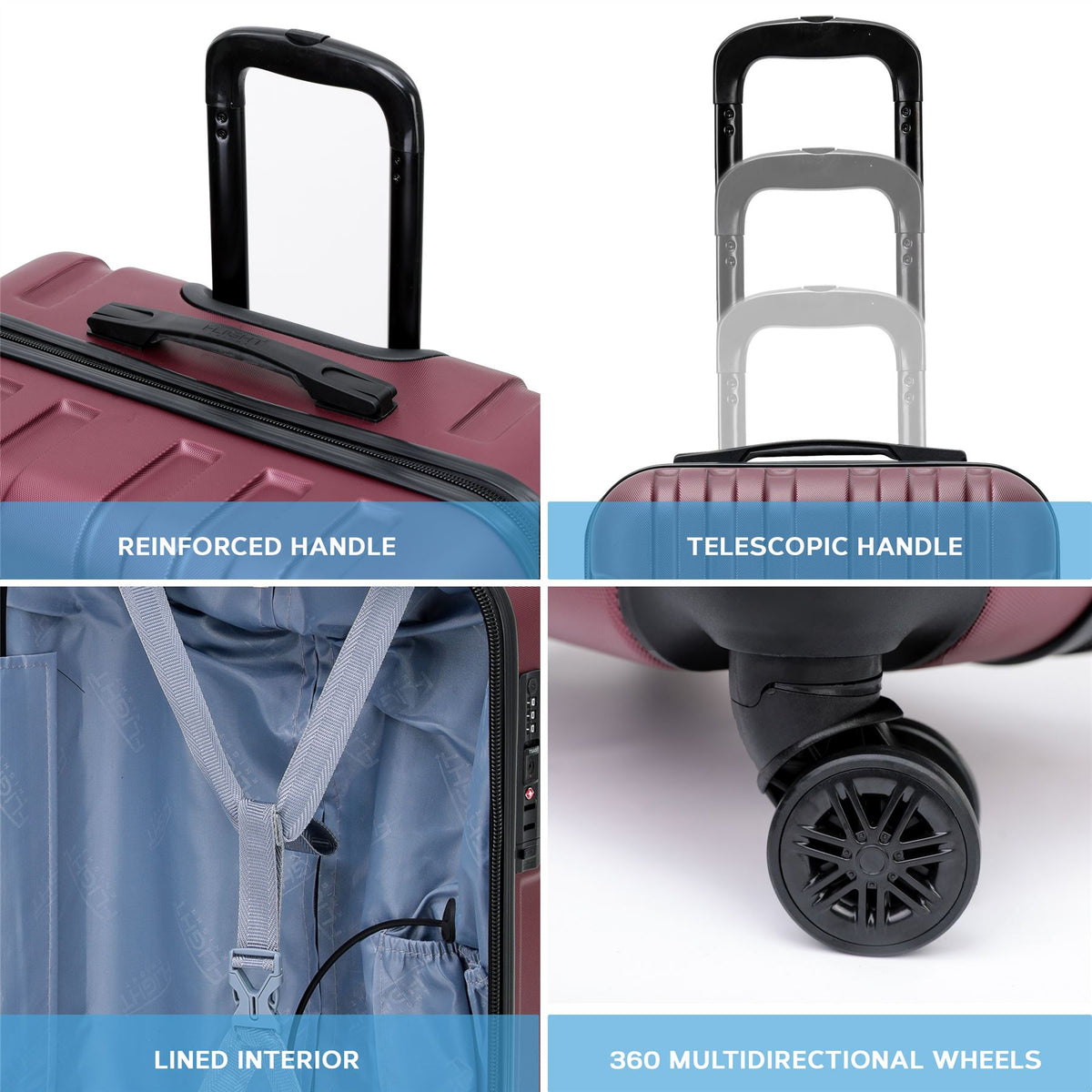 Set Of 3 Hard Shell Suitcases Overhead Carry On Cabin Bag & Check In 20kg+ Medium And Large Bag. | Set of 3 | Burgundy
