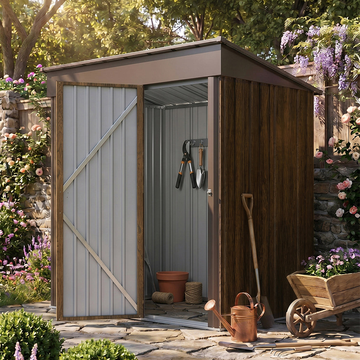 3x5 Ft Outdoor Pent Roof Metal Garden Storage Shed With 3d Brown Wood Grain Finish