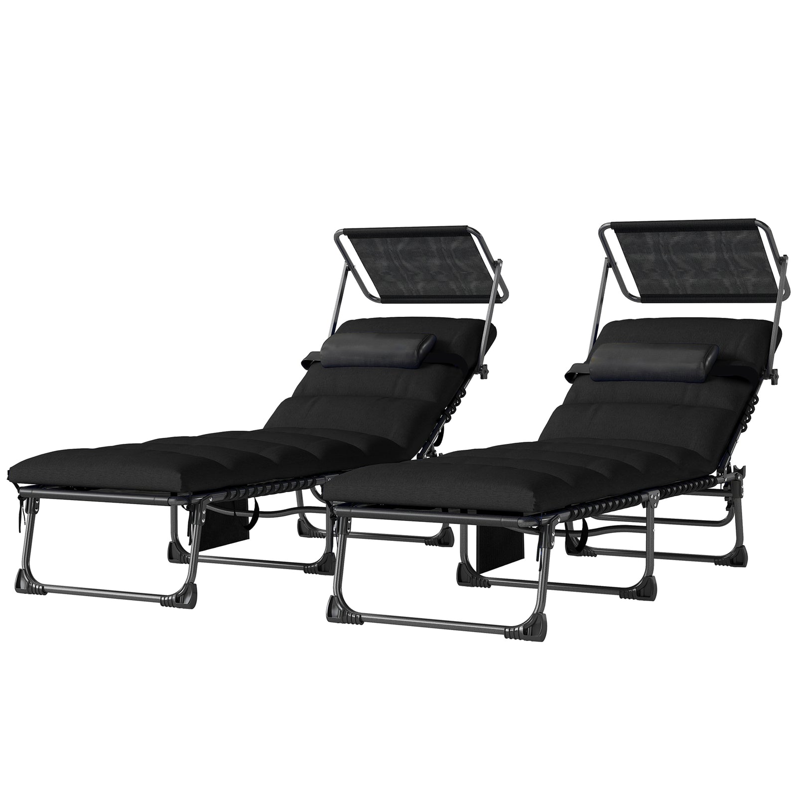 Folding Sun Loungers Set Of 2, Sun Bed With Canopy | Black
