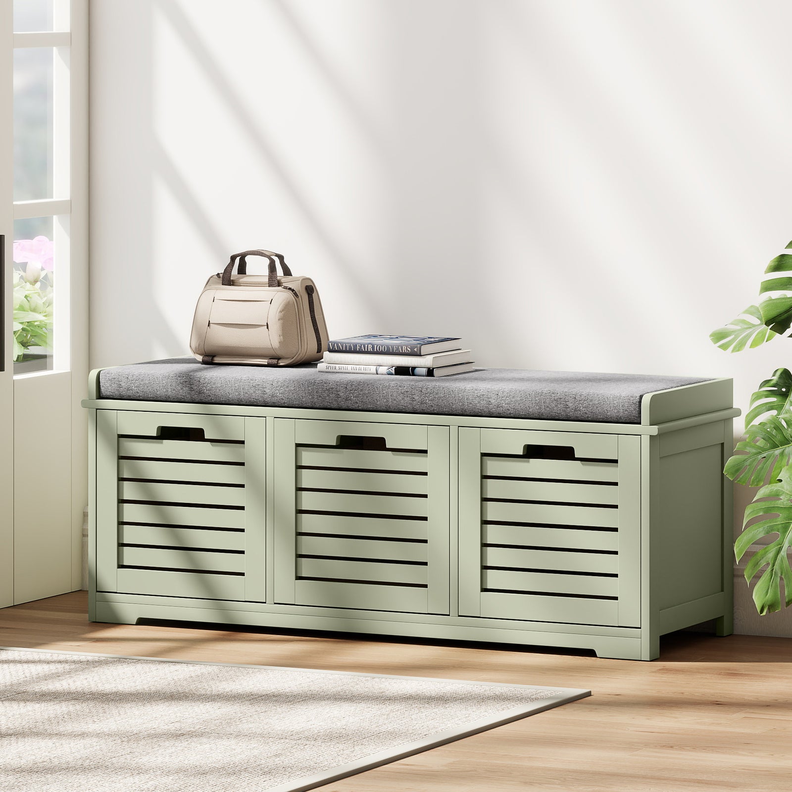 3-door Shoe Storage Bench Cushion Seat Slatted Doors | Green