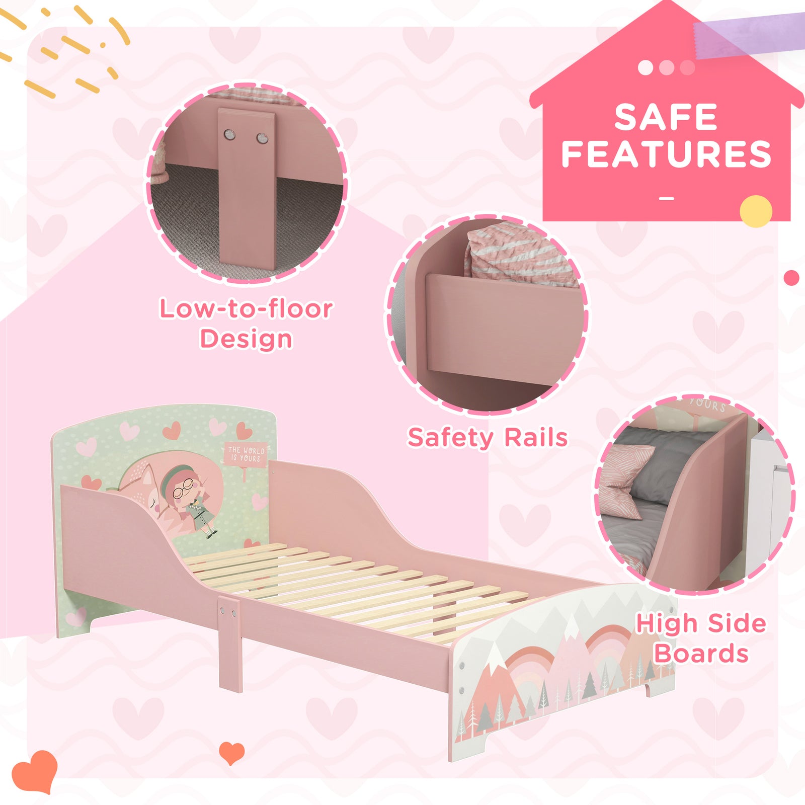 Toddler Bed Frame, Kids Bedroom Furniture For Ages 3-6 Years | Pink