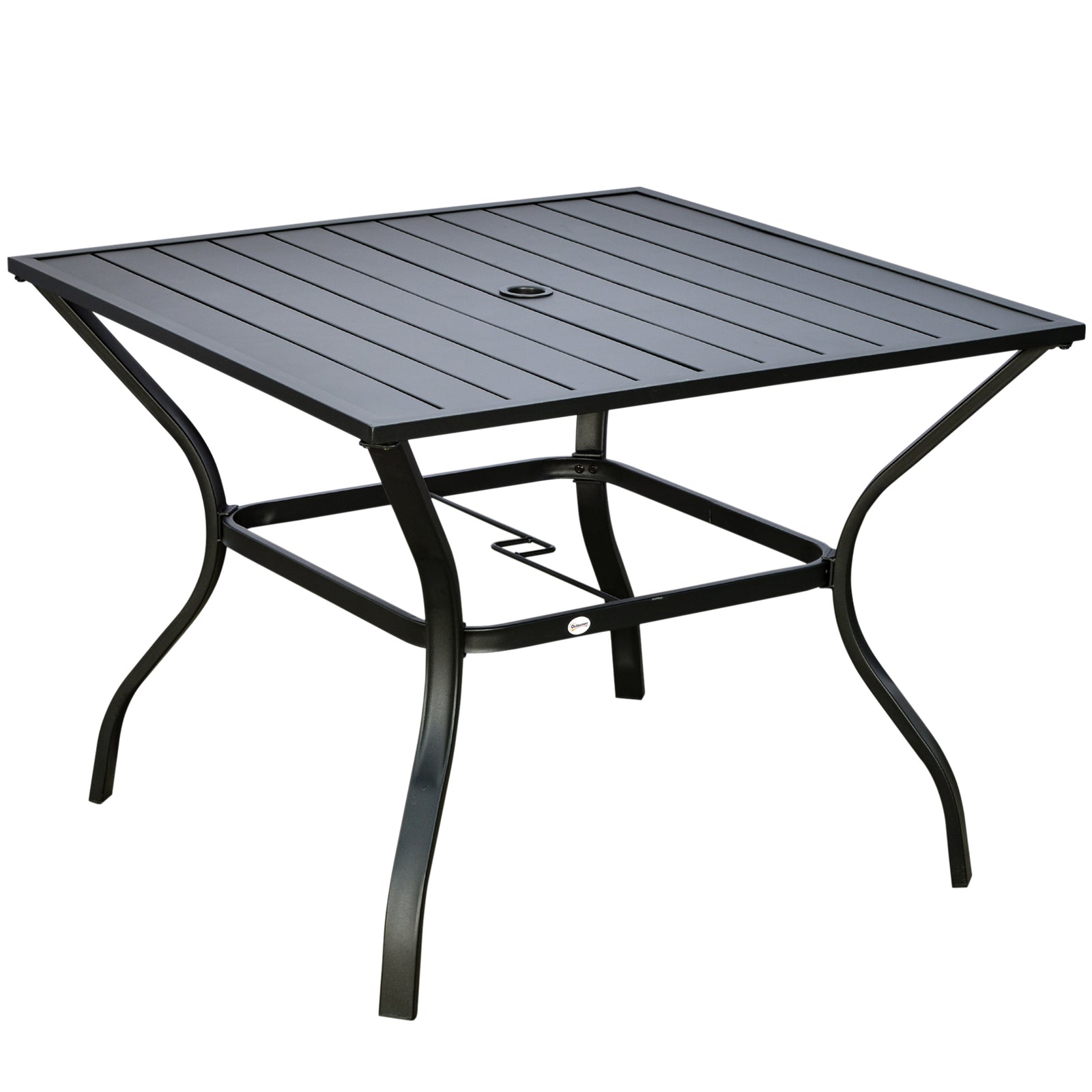 Garden Table W/ Parasol Hole For Four, Slatted Metal Top | Black