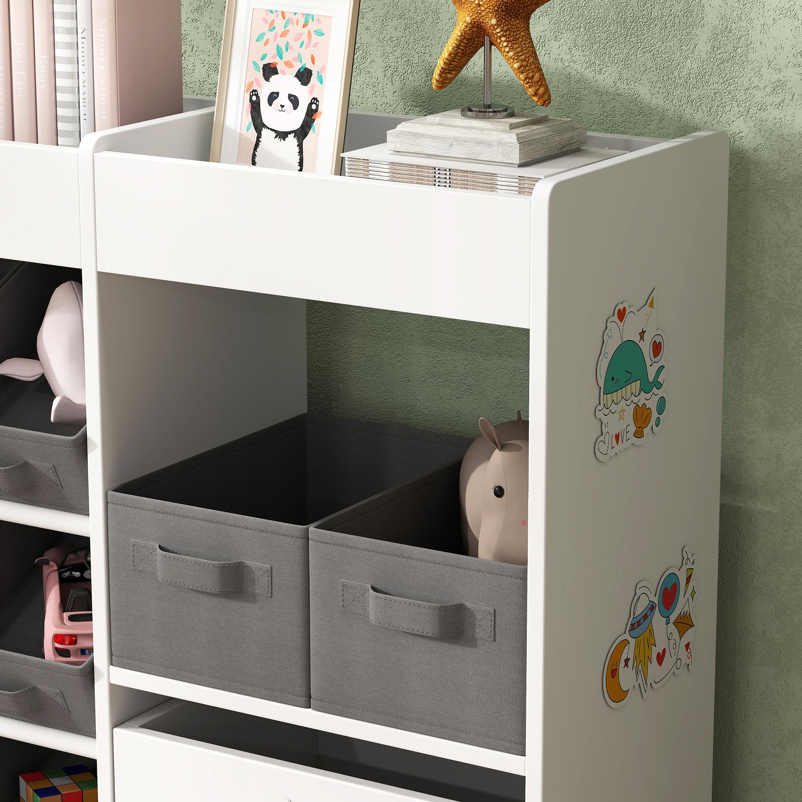 Kids Toy Storage Unit With 11 Fabric Bins, 3 Stickers | White