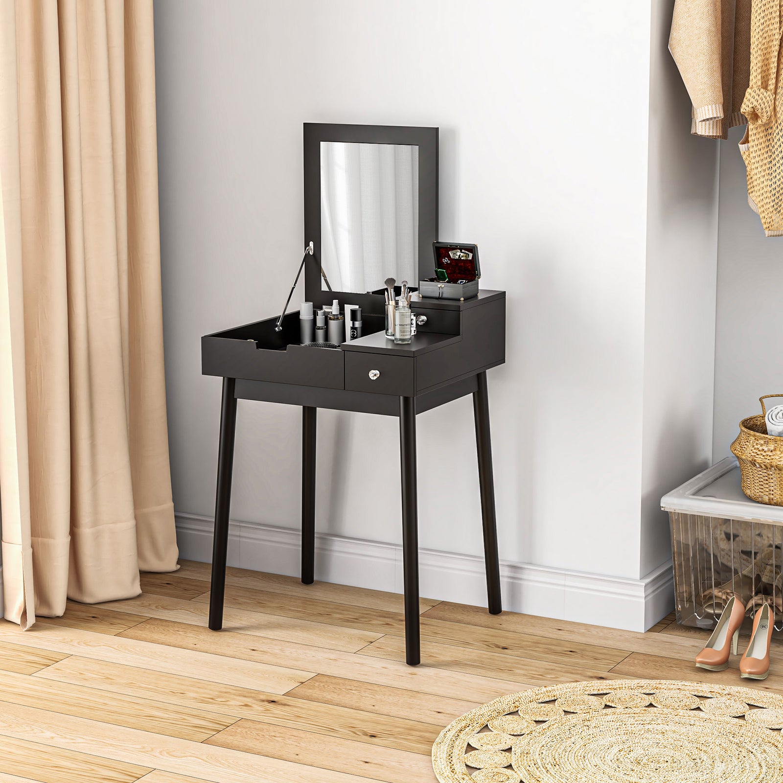 Dressing Table Vanity Desk Flip-up Mirror 2 Drawers, Black