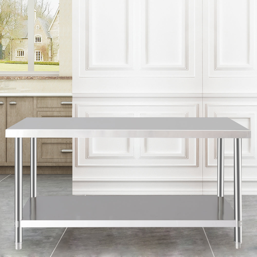 150×60cm Stainless Steel Work Table 2-tier Commercial Kitchen Prep Station, 80cm Height