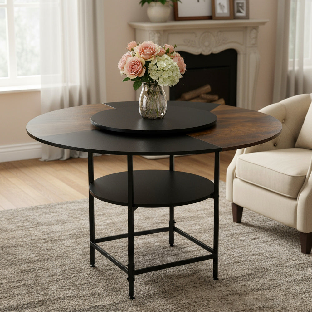 116cm Dia Retro Two-tone Dining Table With Lazy Susan And Storage Shelf
