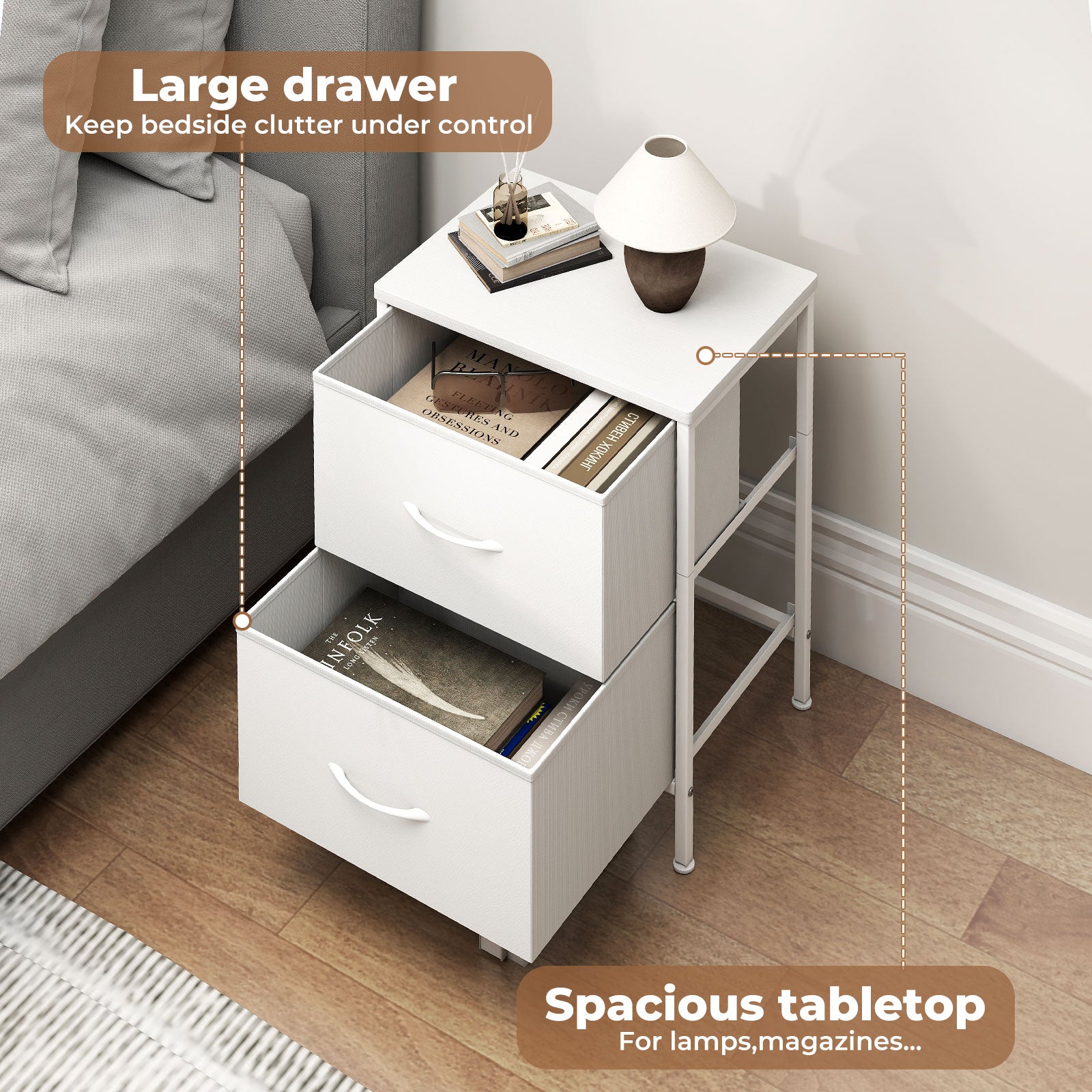 Bedside Table 2 Fabric Drawer Nightstand Shelf Storage Furniture Cabinet | White