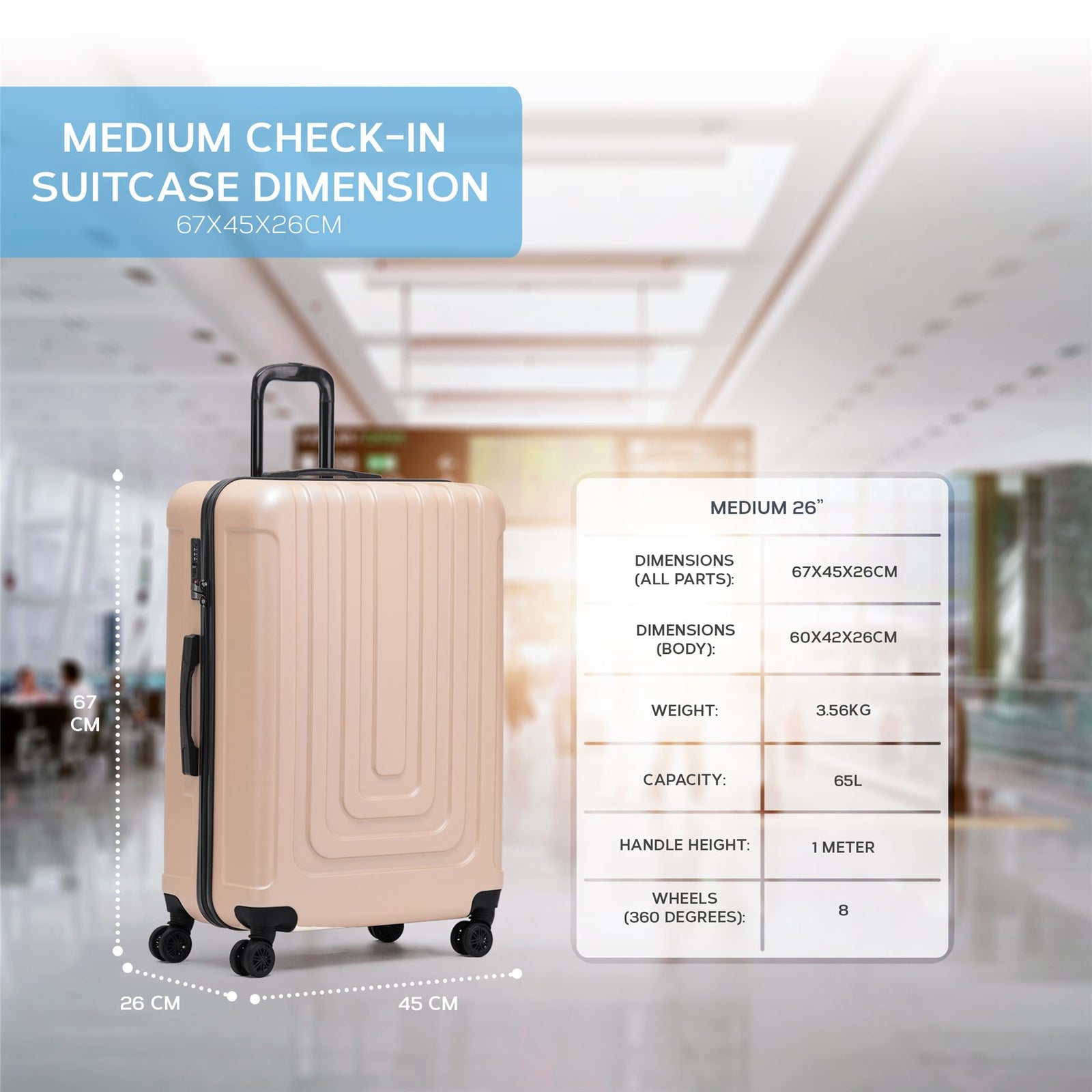 Medium 26" Hard Shell Check In Suitcase 8 Spinner Wheels Hold Luggage | Medium | Champagne