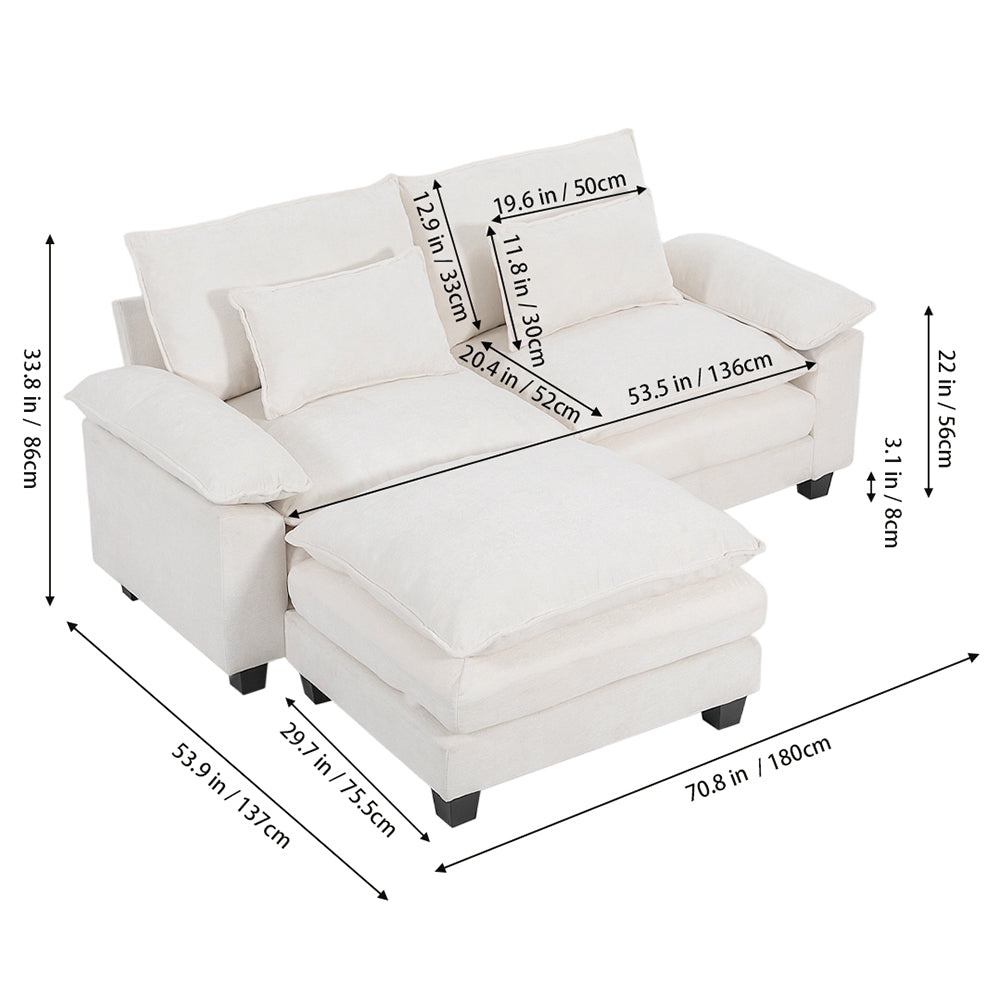 Chenille Sectional Sofa With Ottoman And Lumbar Pillows | White