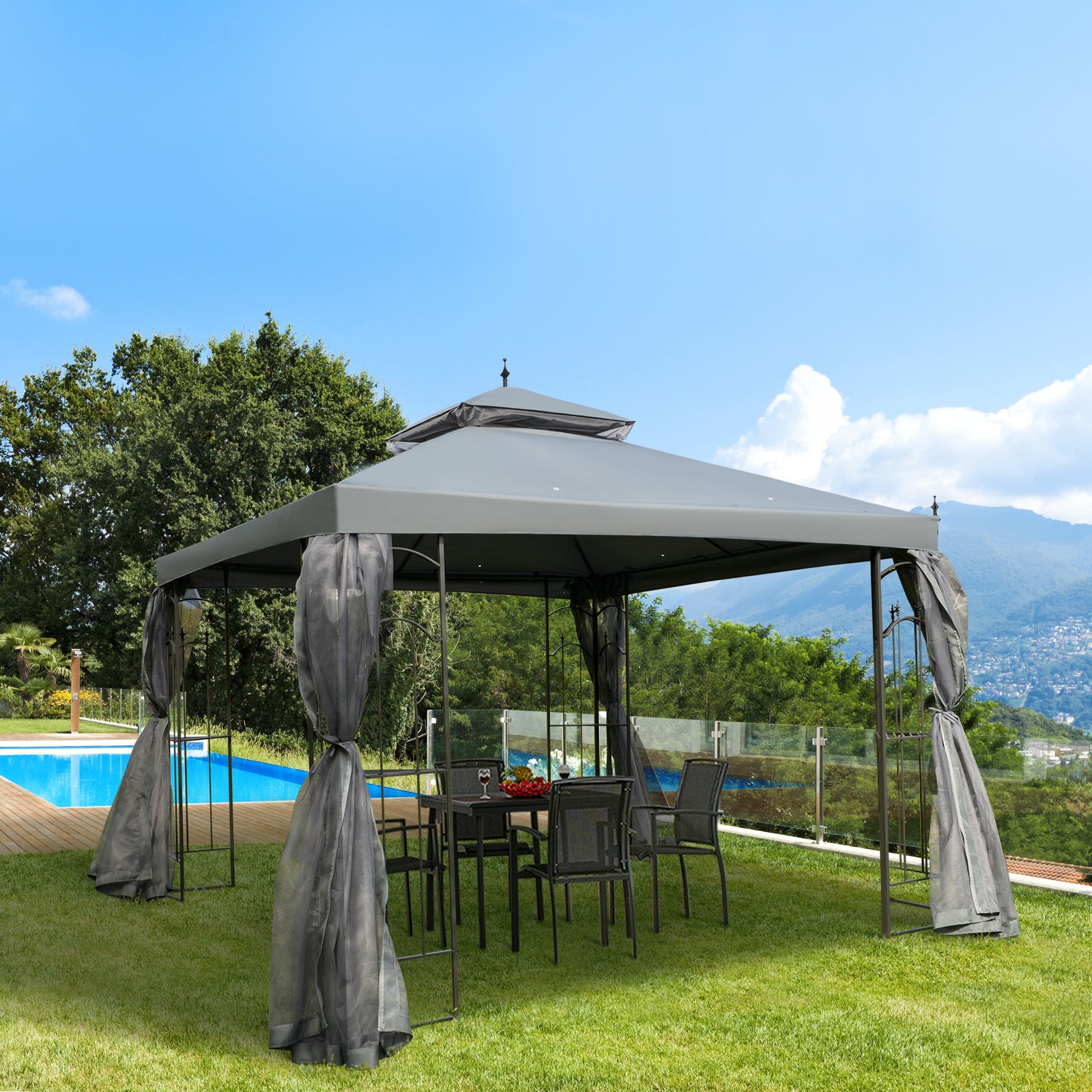 3 X 3(m) Garden Gazebo Double Top Gazebo Canopy W/ Curtains | Gray