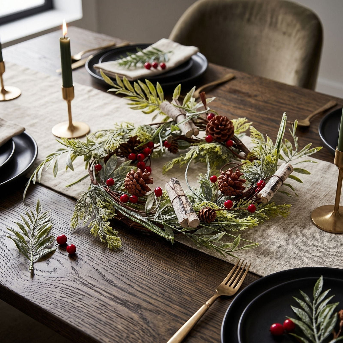 HOMESCAPES Artificial Wreath With Berries And Pinecones, 18 Inches