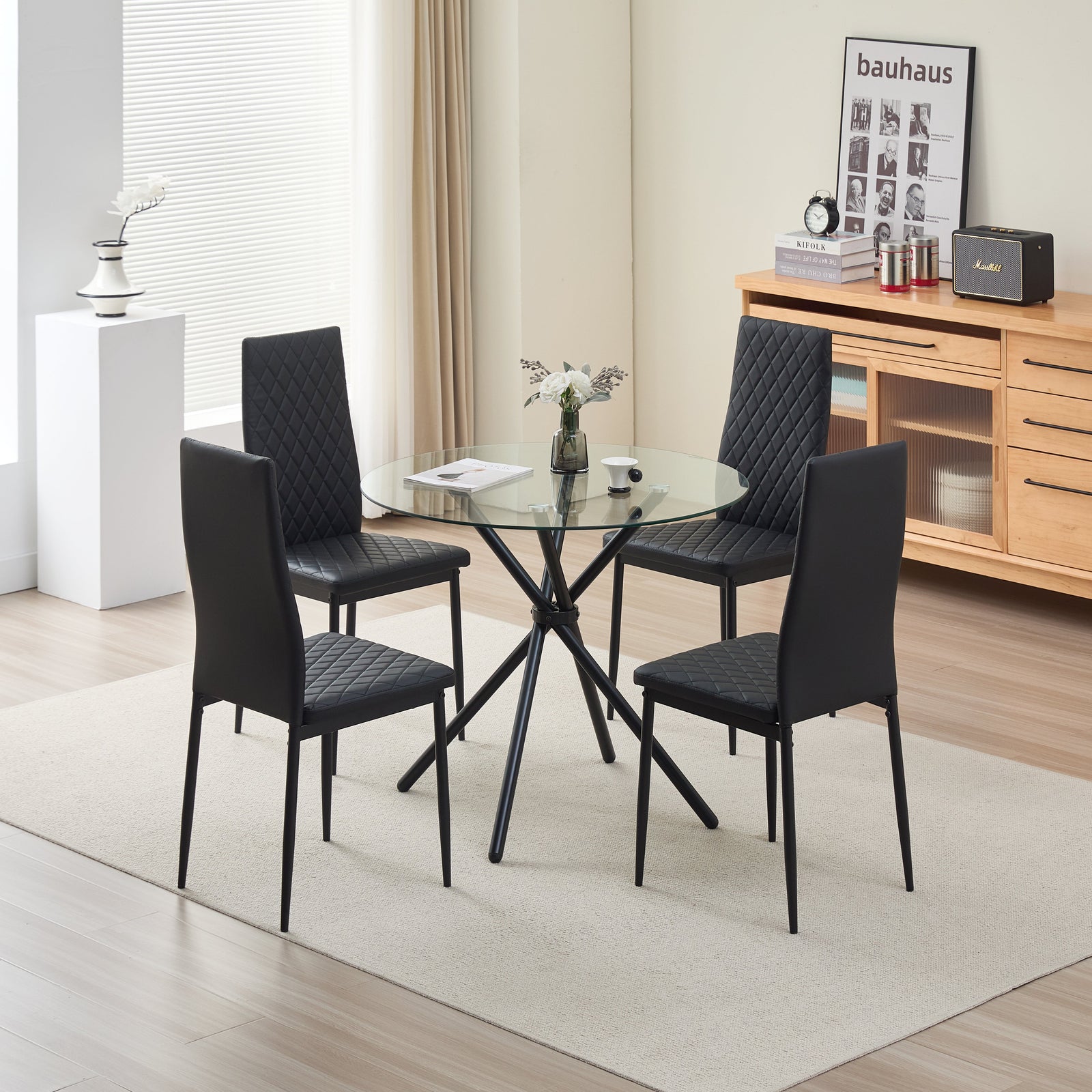 Elegant New York Dining Table Set With 4 Stylish Emily Leather Chairs | Black