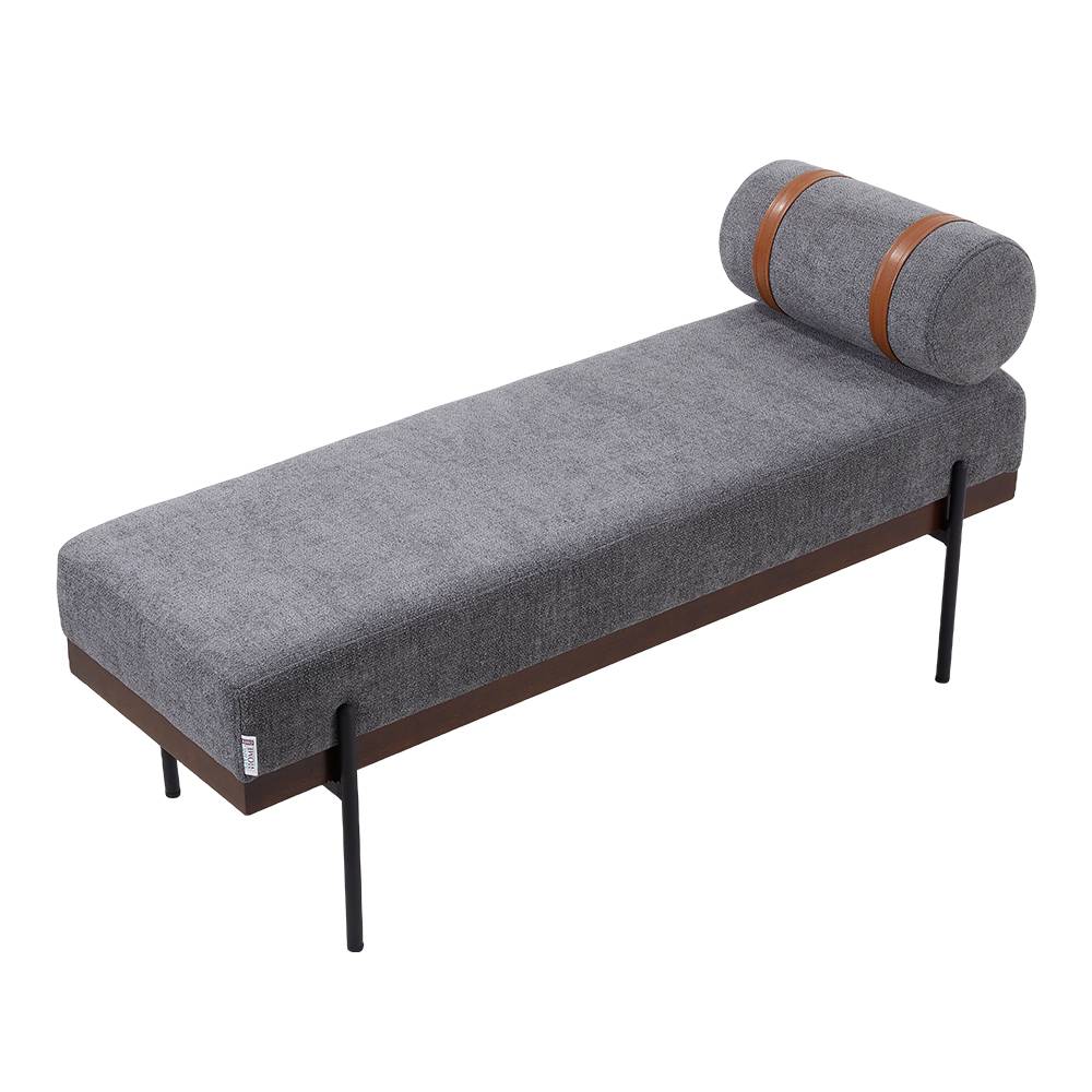 Modern Upholstered Bench With Bolster Pillow, Fine Linen Fabric Bedroom Bench With Metal Legs For End Of Bed | Dark Grey
