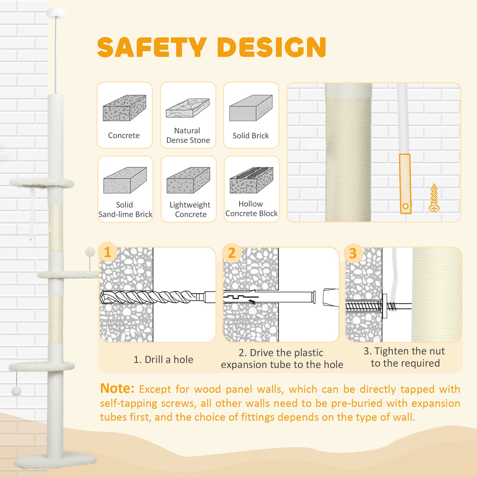 PawHut 225-255 Cm Adjustable Cat Tree With Sisal Scratching Posts, Beige