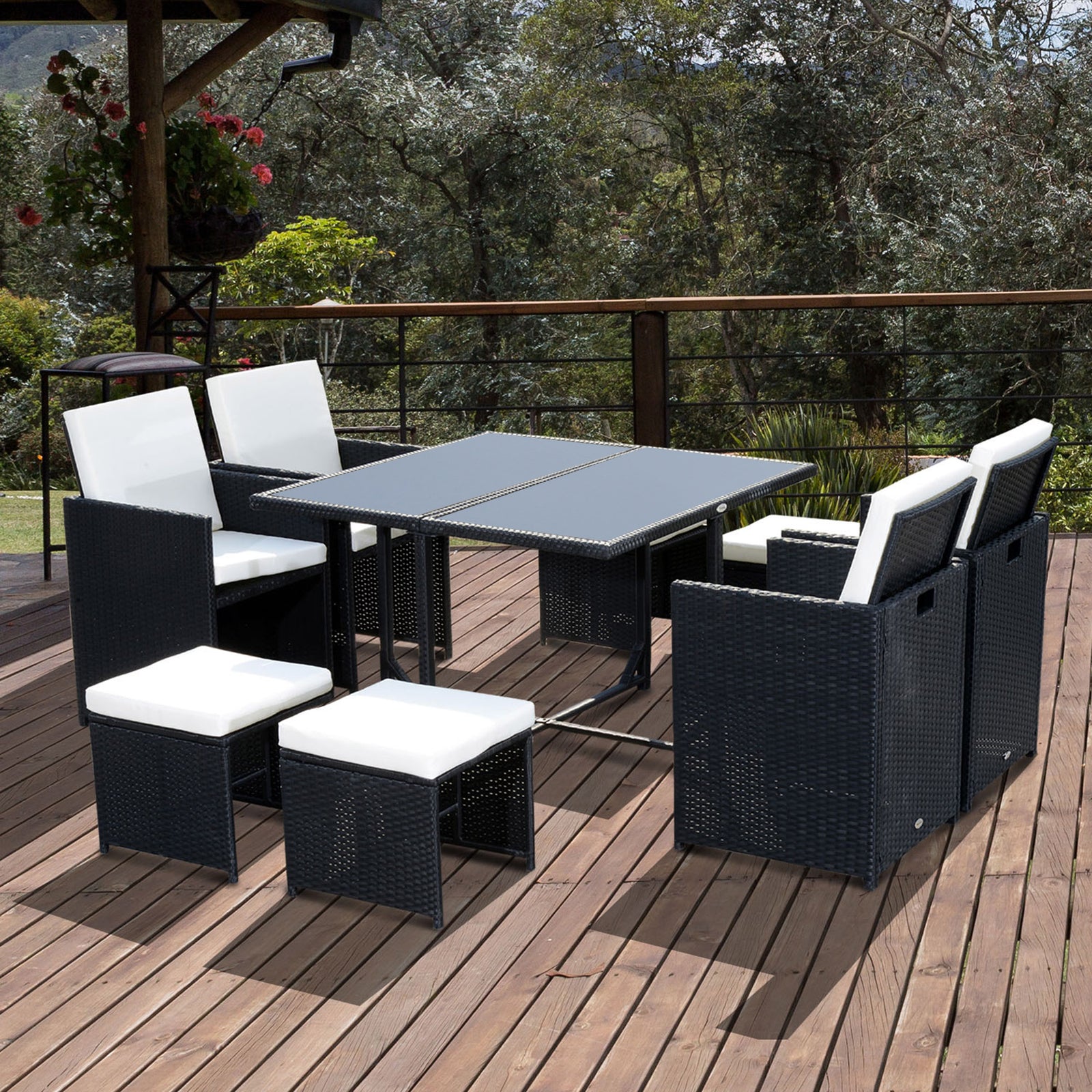 Rattan Garden Furniture Patio Dining Table Set W/ 8 Stools | Black