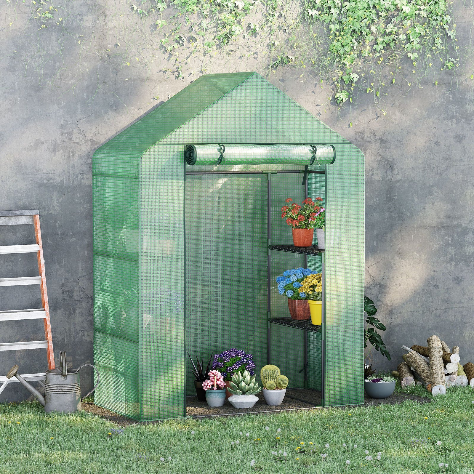 Walk-in Greenhouse With 2 Tier Shelf - Green