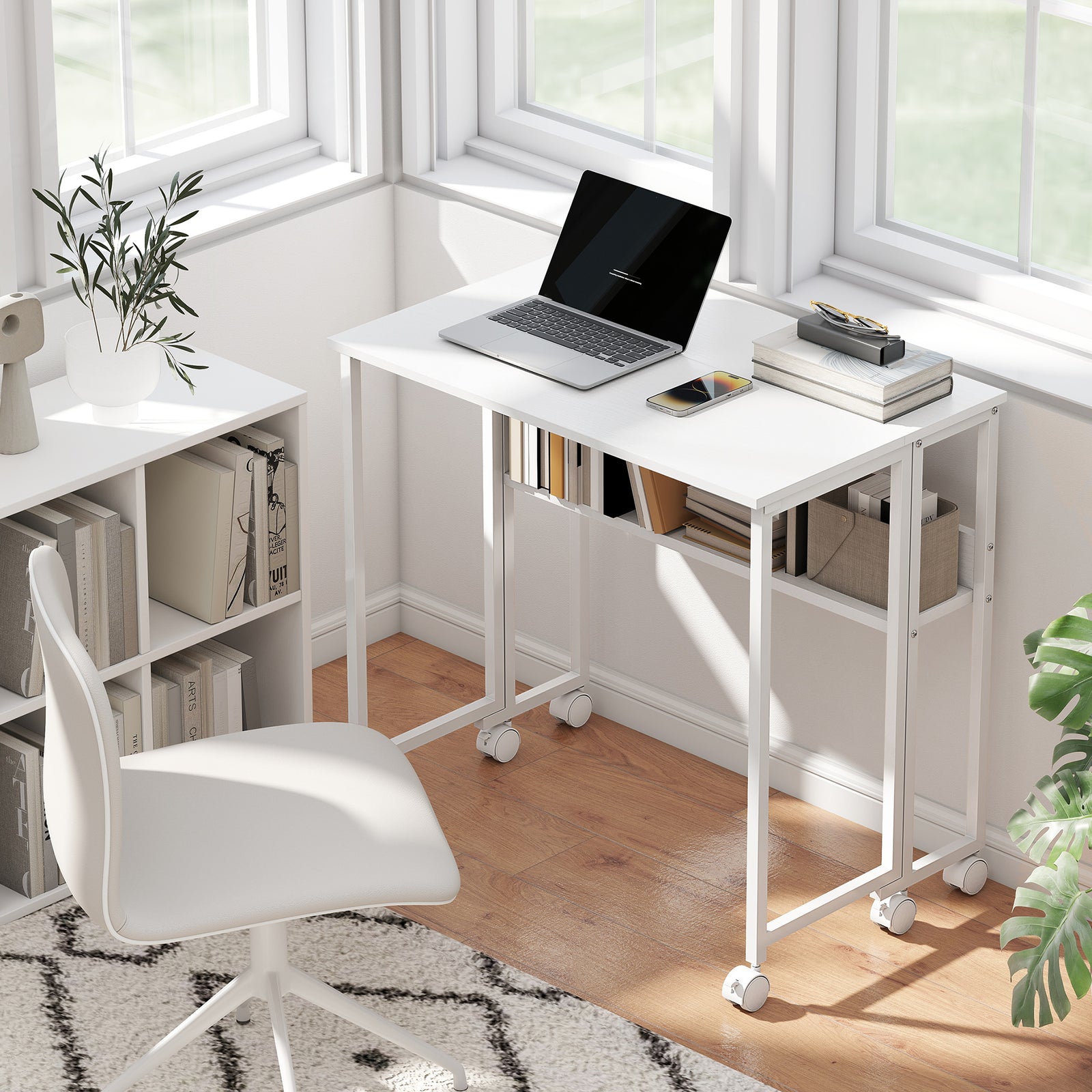 80 Cm Foldable Computer Desk On Wheels For Small Spaces | White