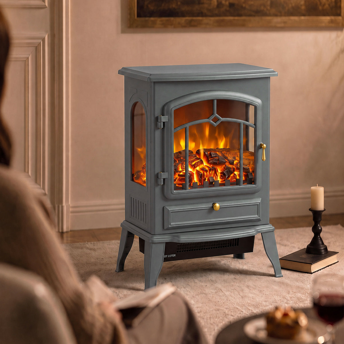 Electric Fireplace Stove With Realisric Log Flame Effect | Grey